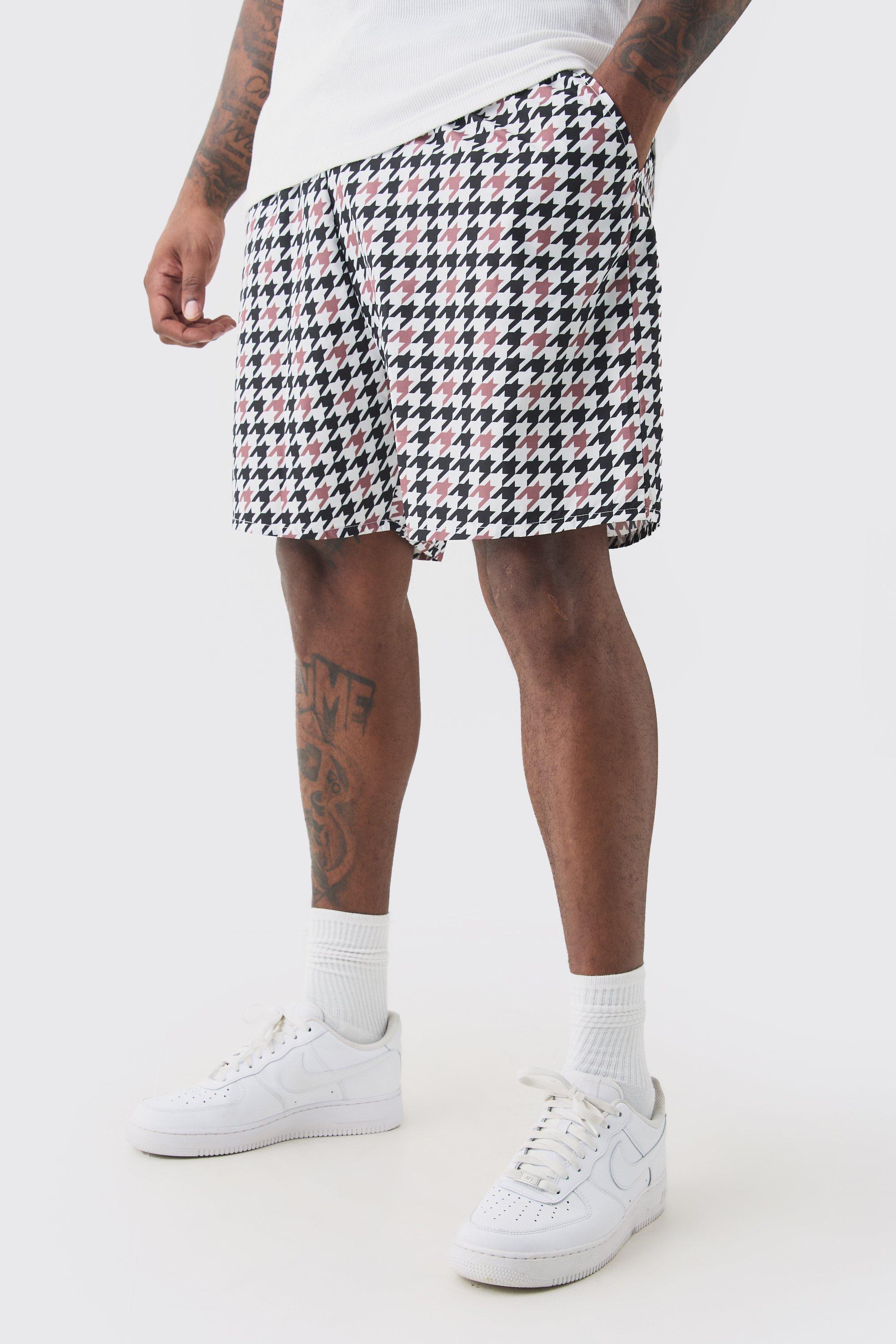 Mens White Plus Houndstooth Checked Printed Swim Shorts, White