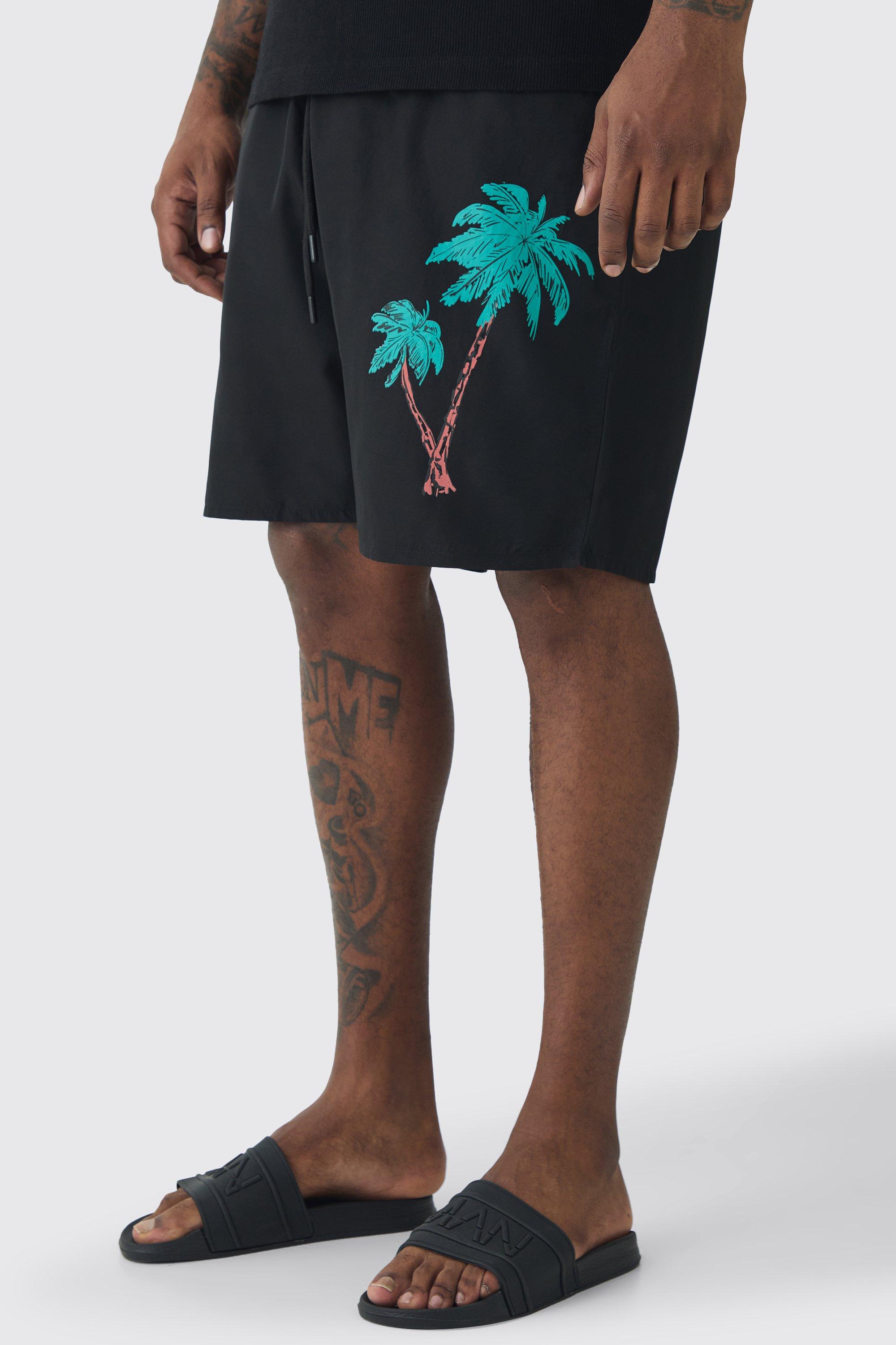 Mens Black Plus Palm Motif Printed Swim Shorts, Black