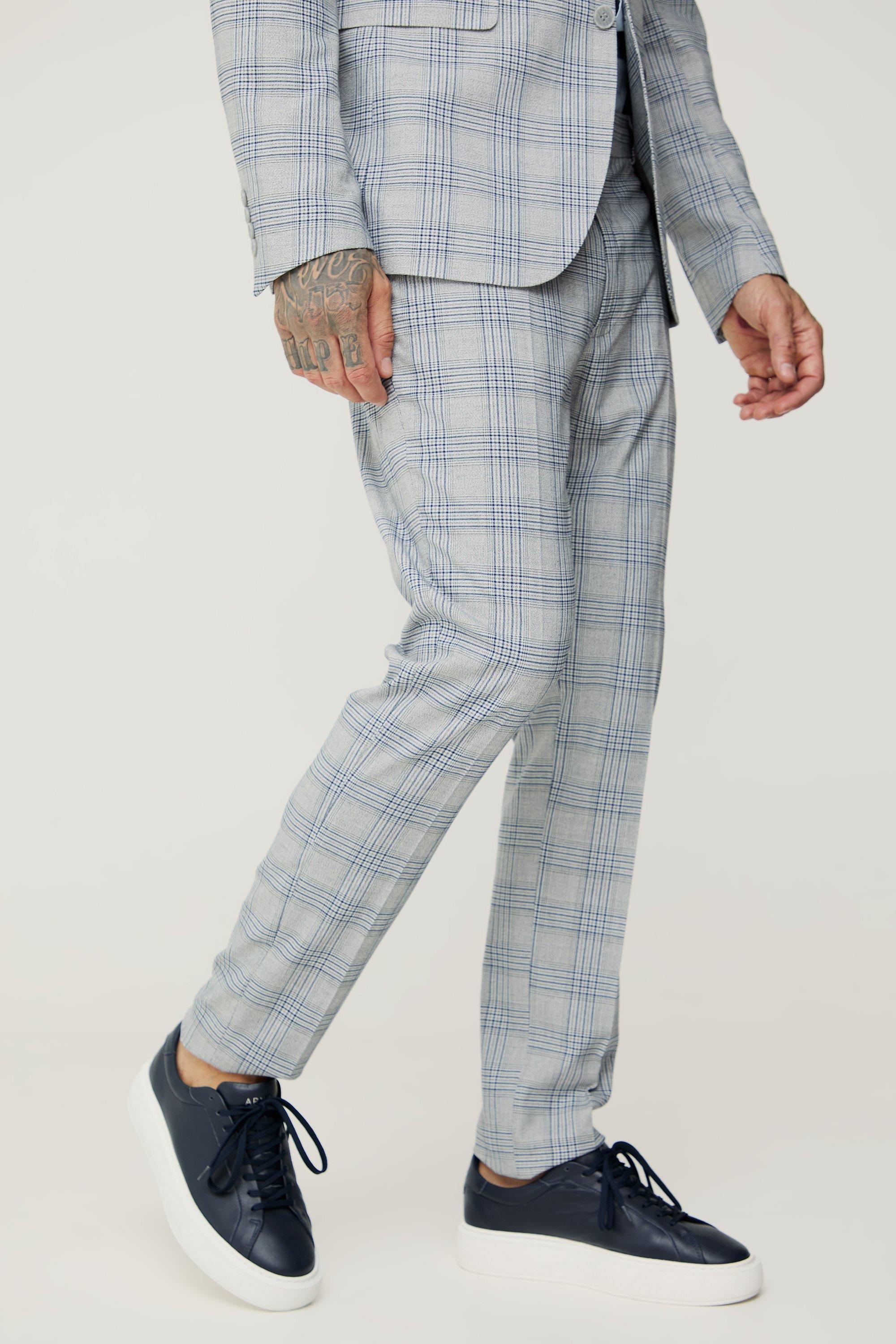 Mens Grey Tall Checked Skinny Fit Trousers, Grey