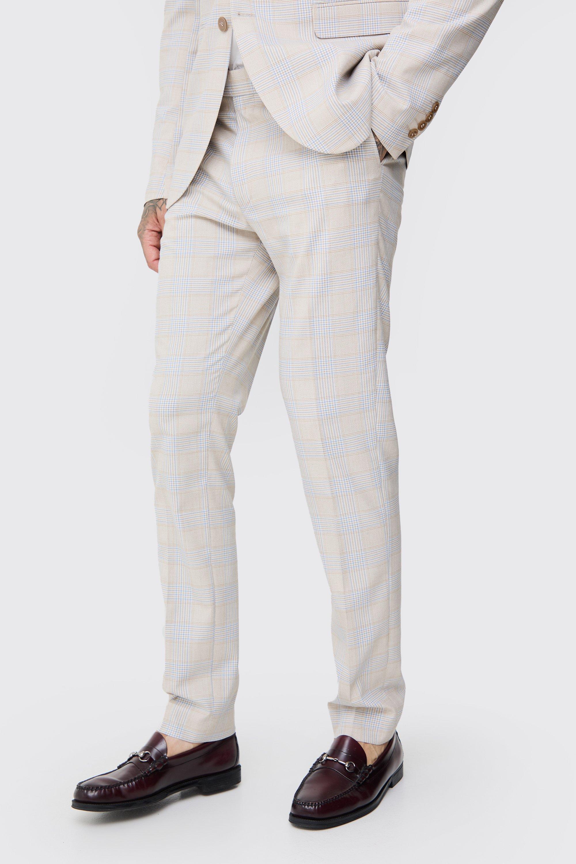 Mens Beige Tall Checked Skinny Fit Trousers, Beige