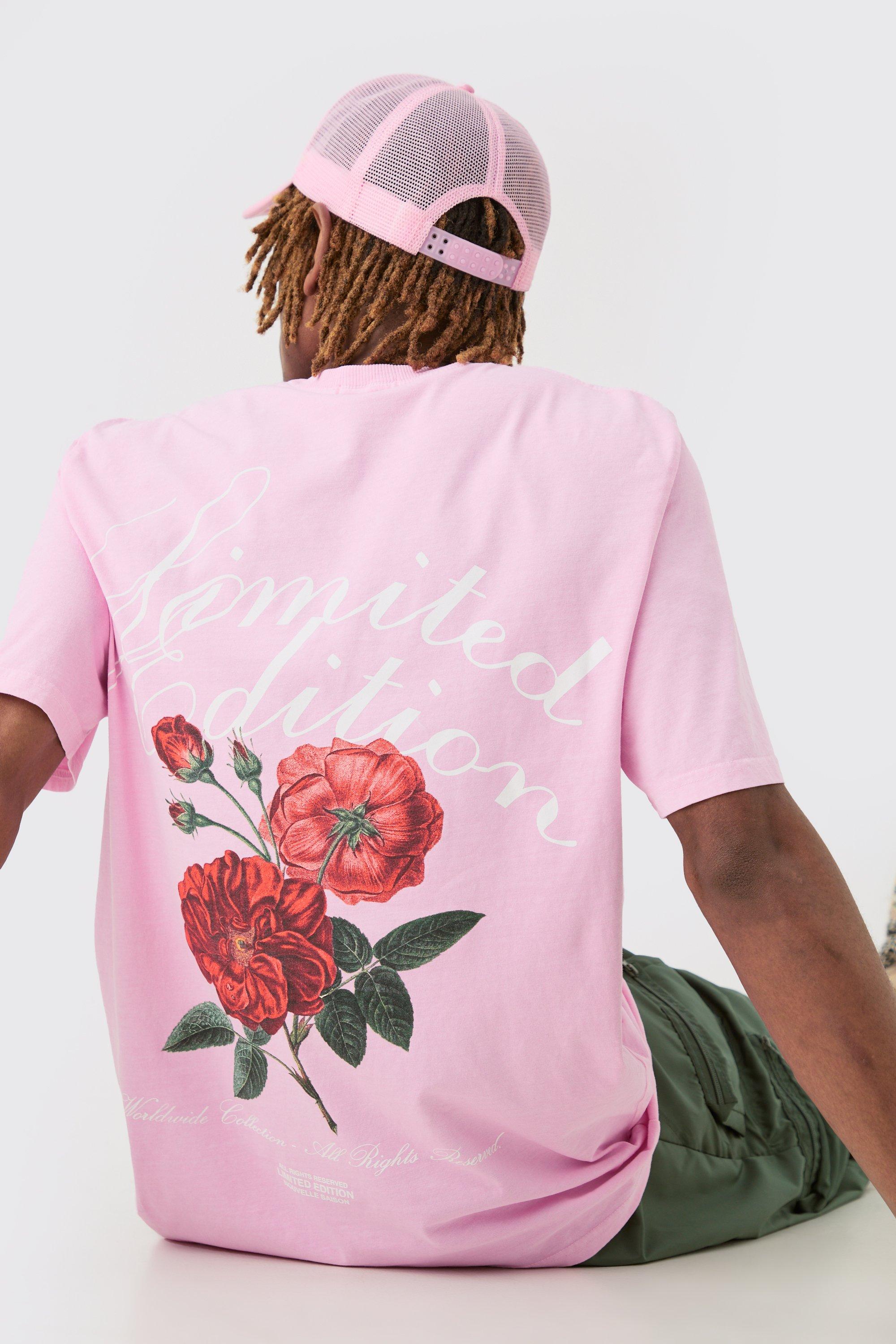 Mens Tall Limited Edition Floral Graphic Backprint T-shirt In Pink, Pink