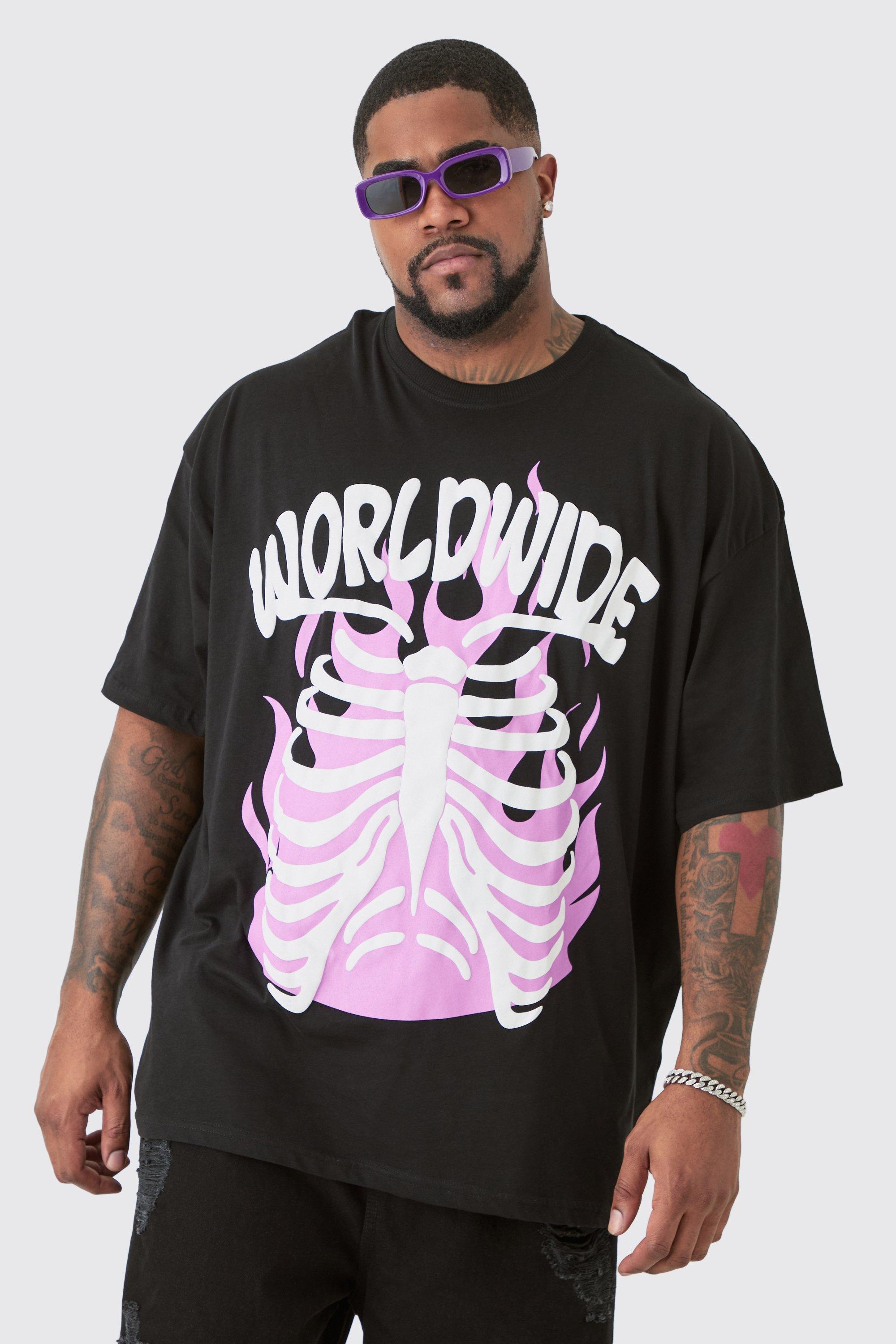 Image of Plus World Wide Skeleton Graphic Puff Print T-shirt In White, Nero
