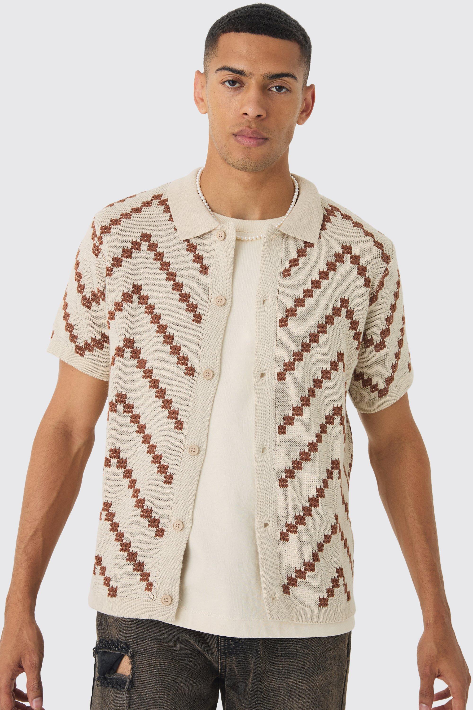 Mens Cream Open Knit Stripe Shirt In Ecru, Cream