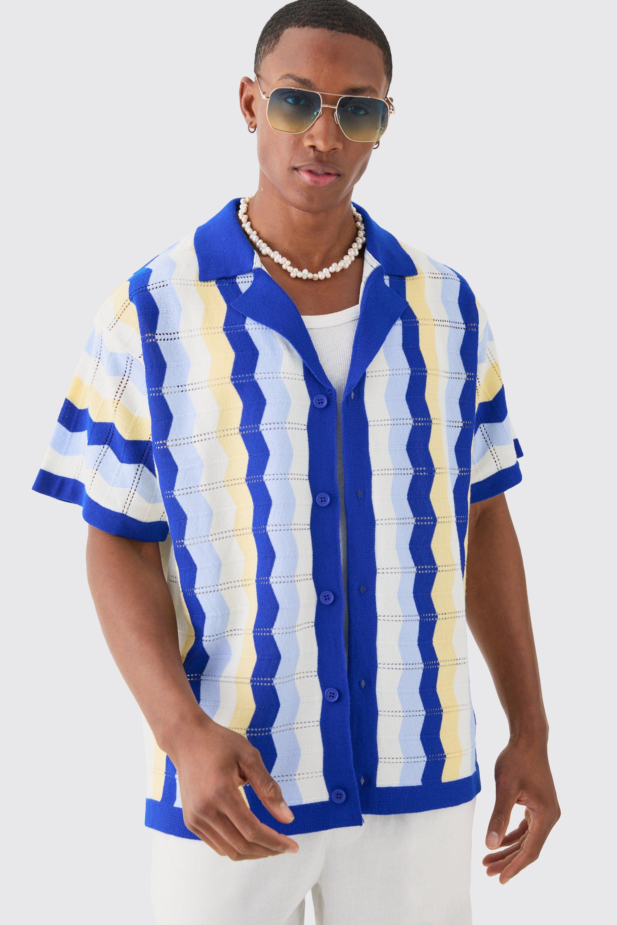 Mens Oversized Boxy Revere Open Knit Stripe Shirt In Blue, Blue