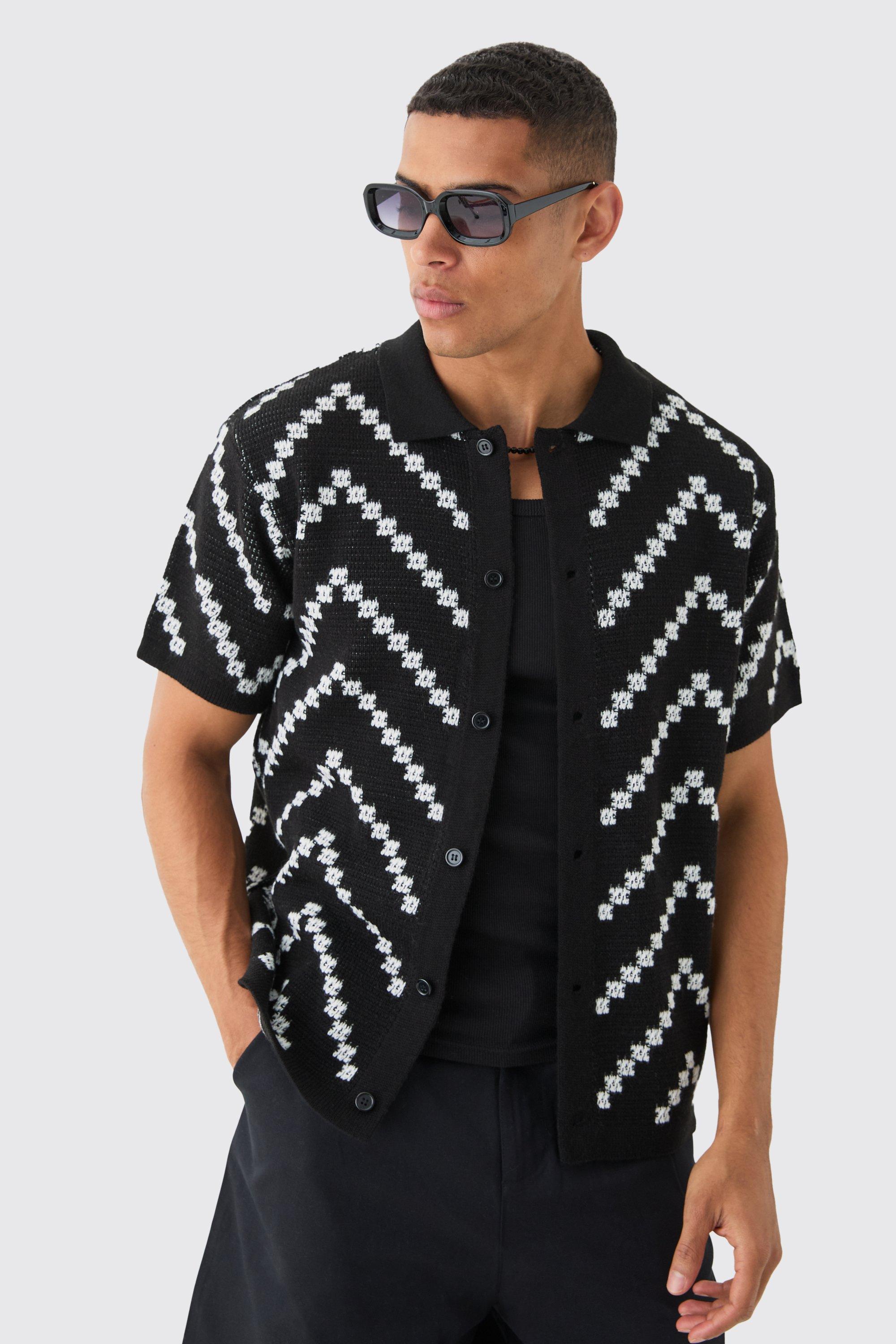 Mens White Open Knit Stripe Shirt In Black, White