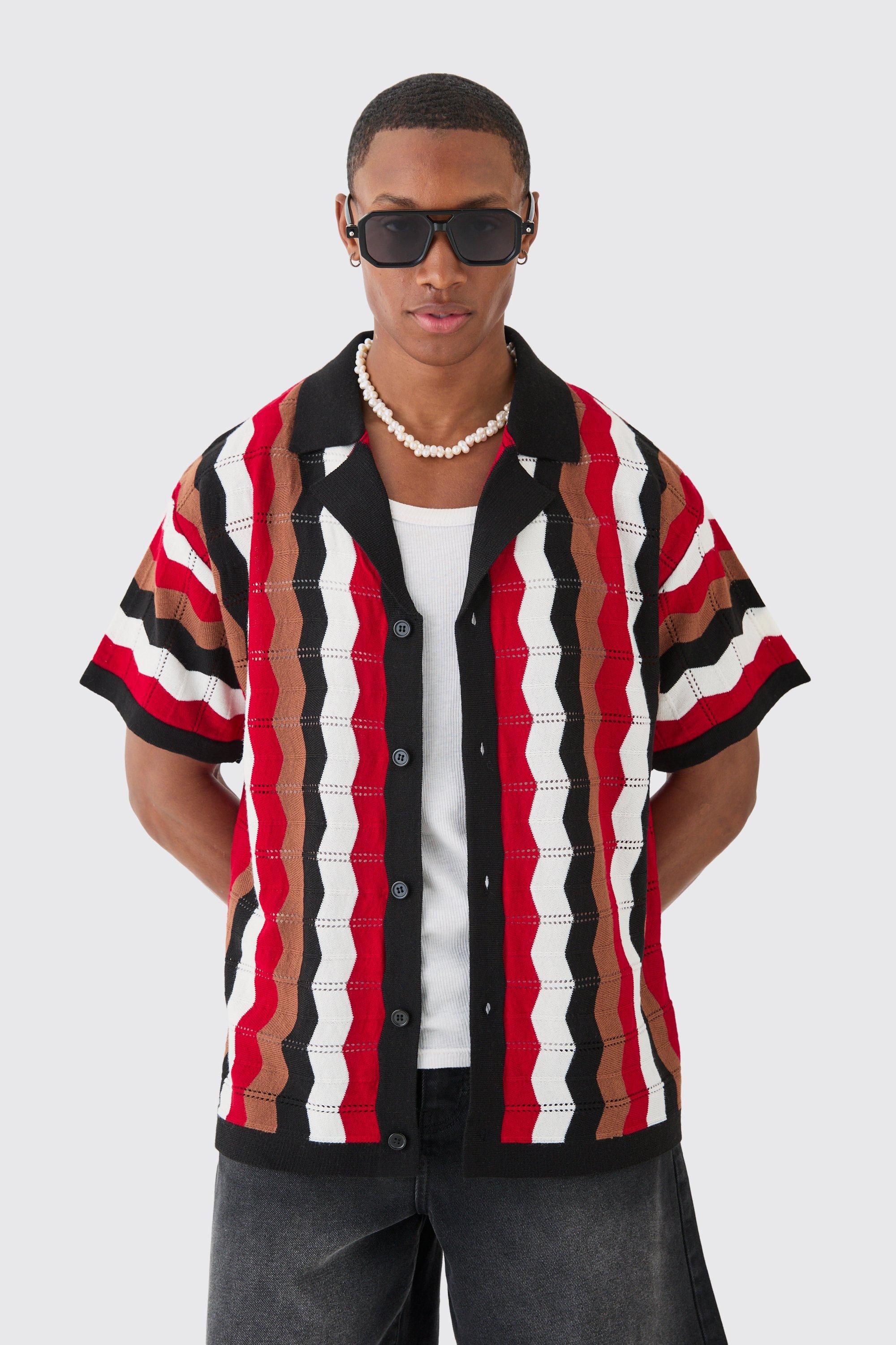 Mens Oversized Boxy Revere Open Knit Stripe Shirt In Red, Red