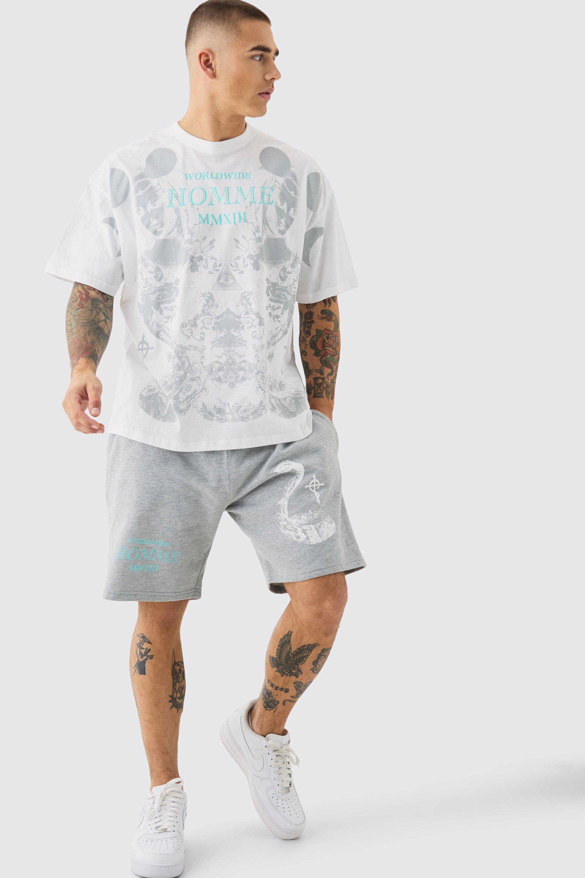 Mens Grey Oversized Extended Neck Moon Large Graphic Shorts Set, Grey