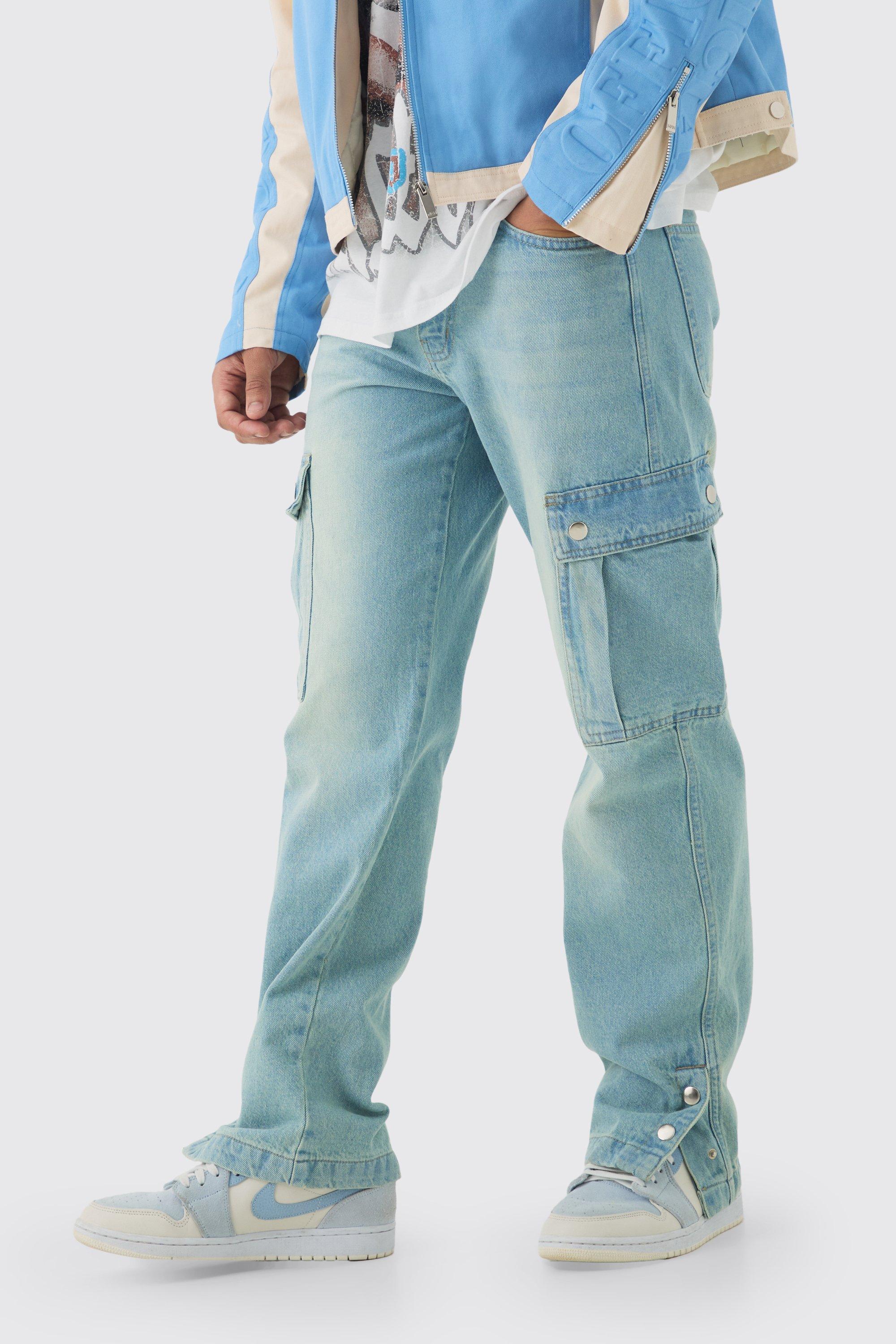 Mens Blue Relaxed Rigid Popper Hem Cargo Washed Jeans, Blue