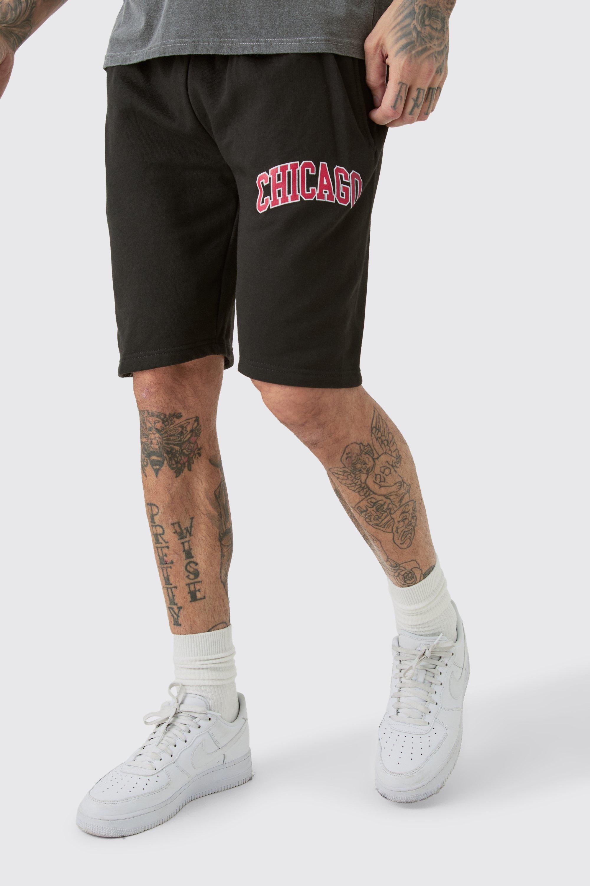 Mens Black Tall Loose Fit Varsity Jersey Shorts, Black