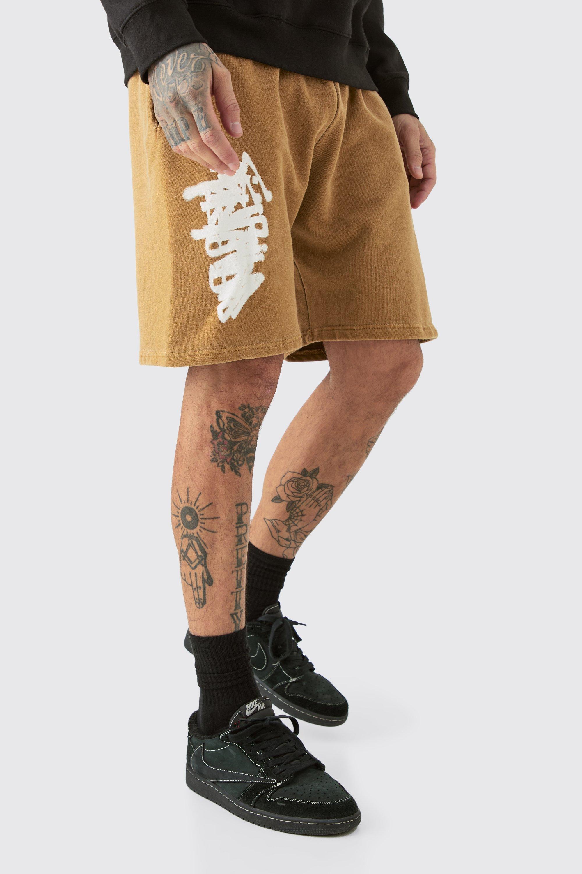 Image of Tall Loose Fit Overdye Graffiti Jersey Shorts, Brown