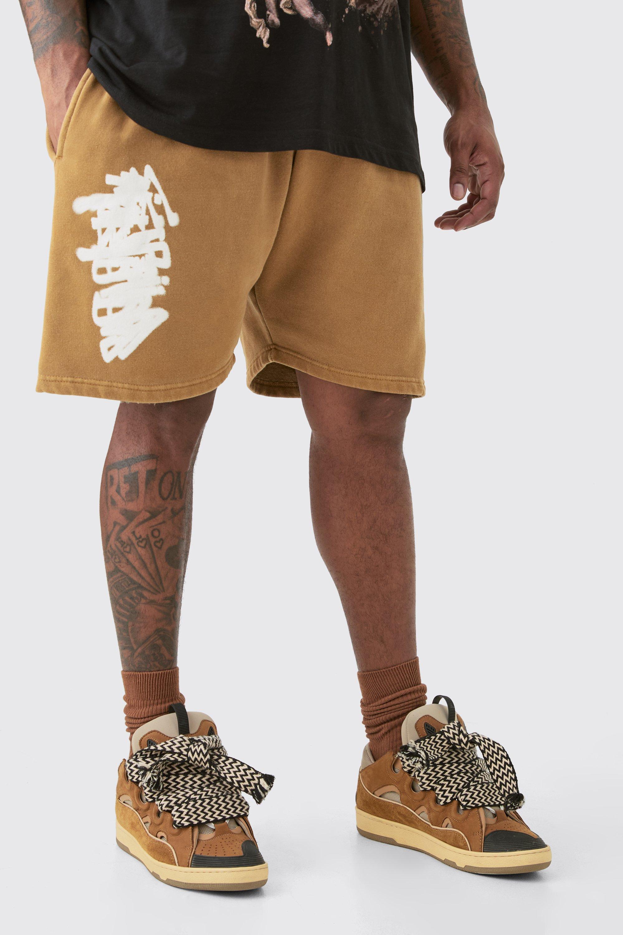Image of Plus Loose Fit Overdye Graffiti Jersey Shorts, Brown