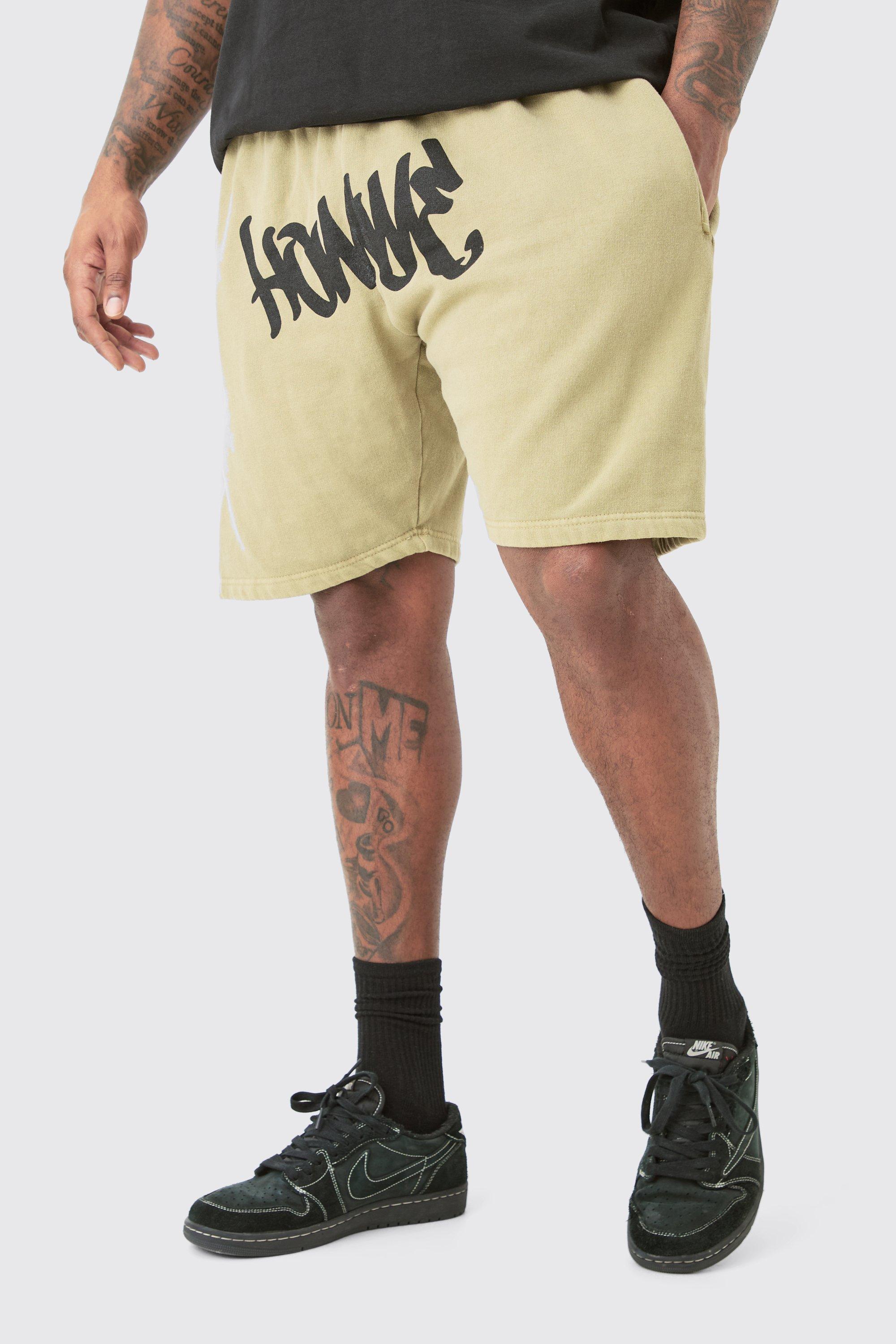 Image of Plus Loose Fit Overdye Homme Graffiti Jersey Shorts, Verde