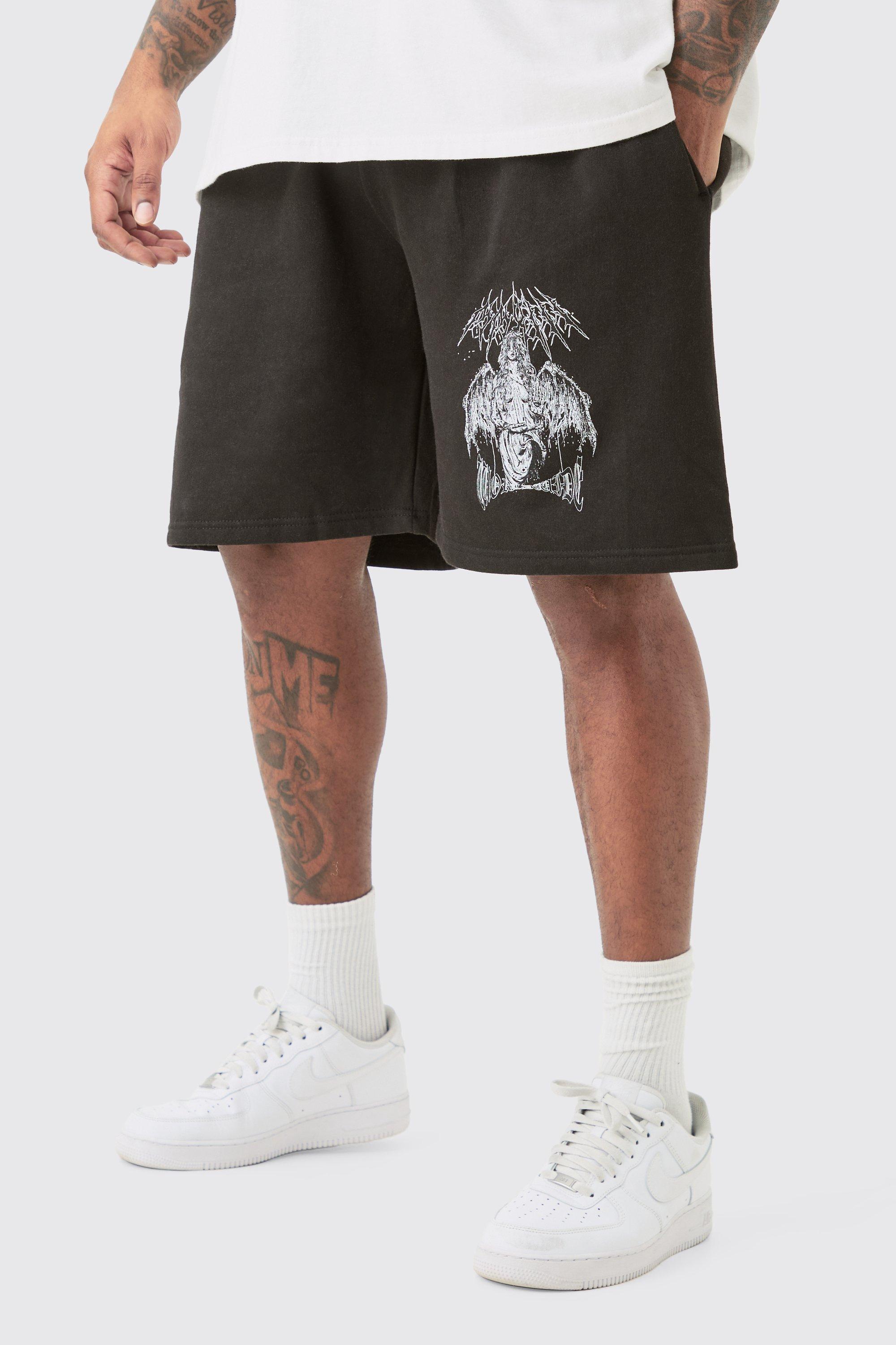 Mens Black Plus Oversized Fit Gothic Print Jersey Shorts, Black