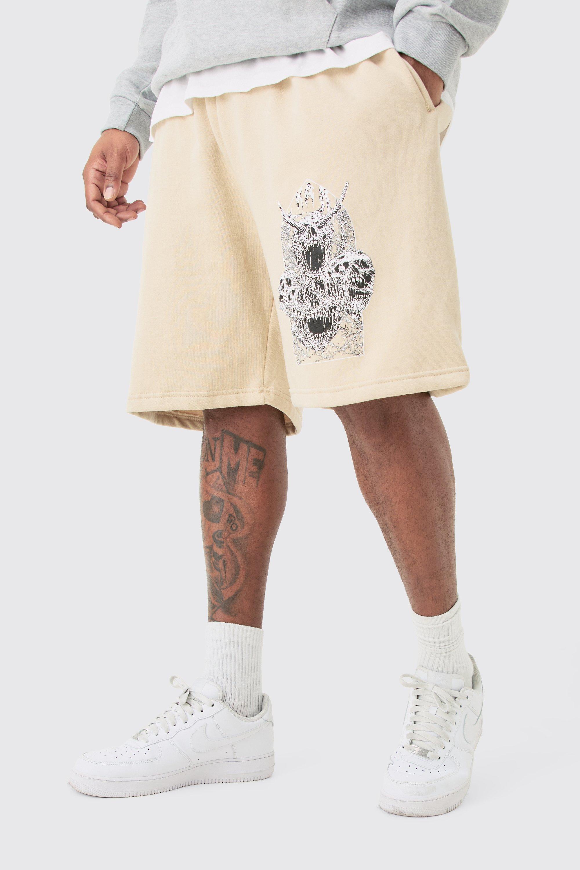 Image of Plus Oversized Fit Gothic Print Jersey Shorts, Beige