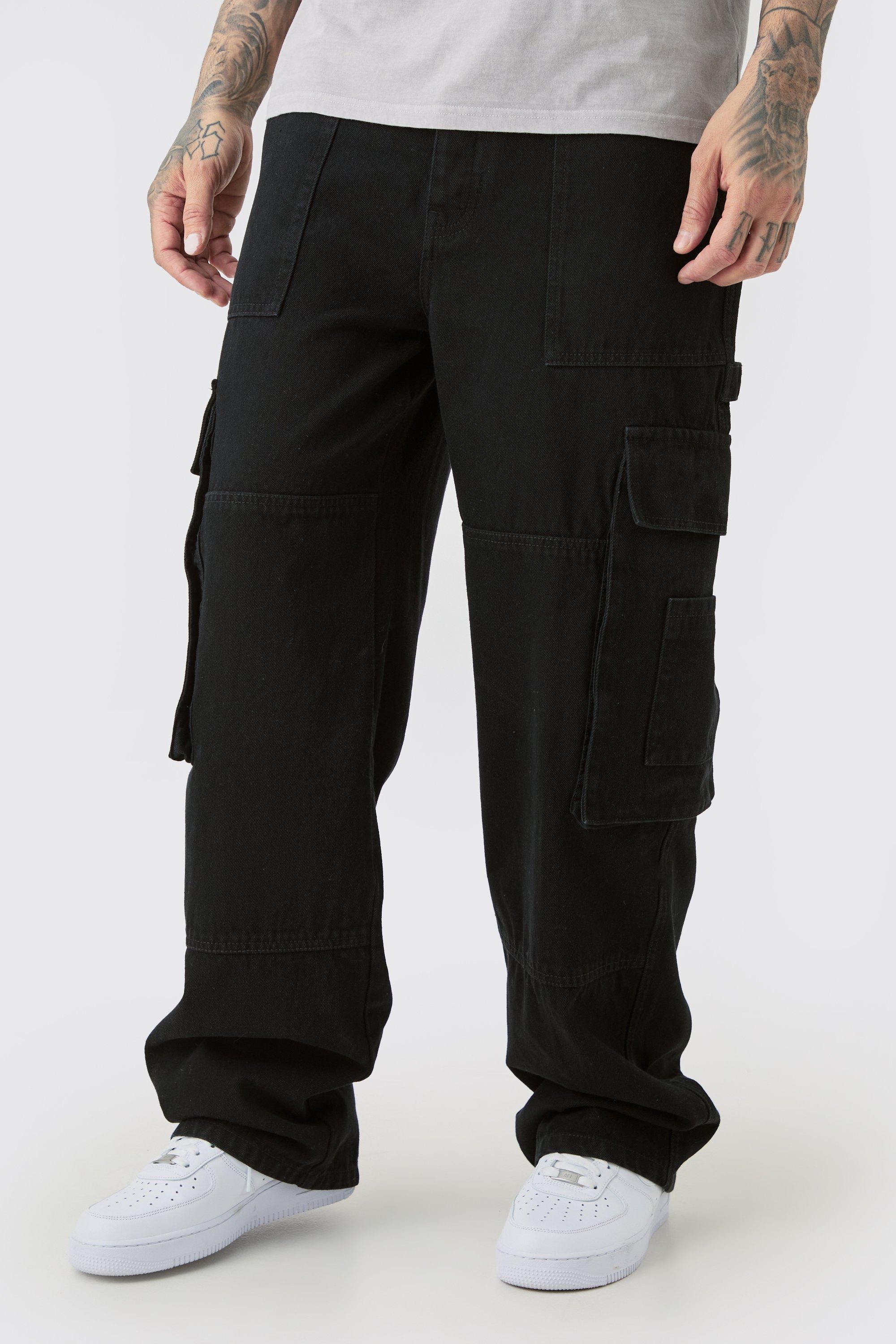 Mens Black Tall Baggy Fit Cargo Jeans, Black