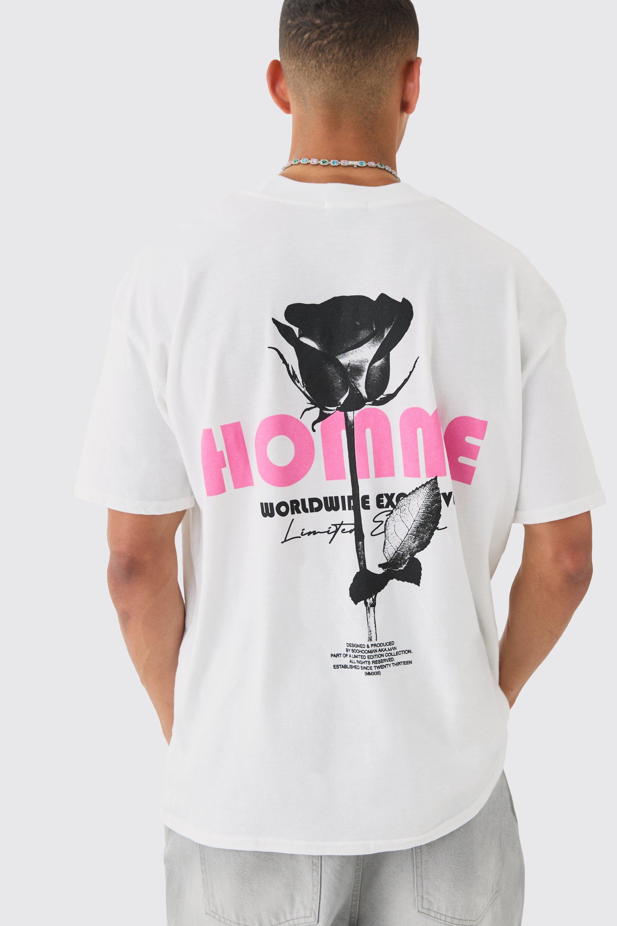 Mens White Oversized Back Print Homme Rose Print T-shirt, White