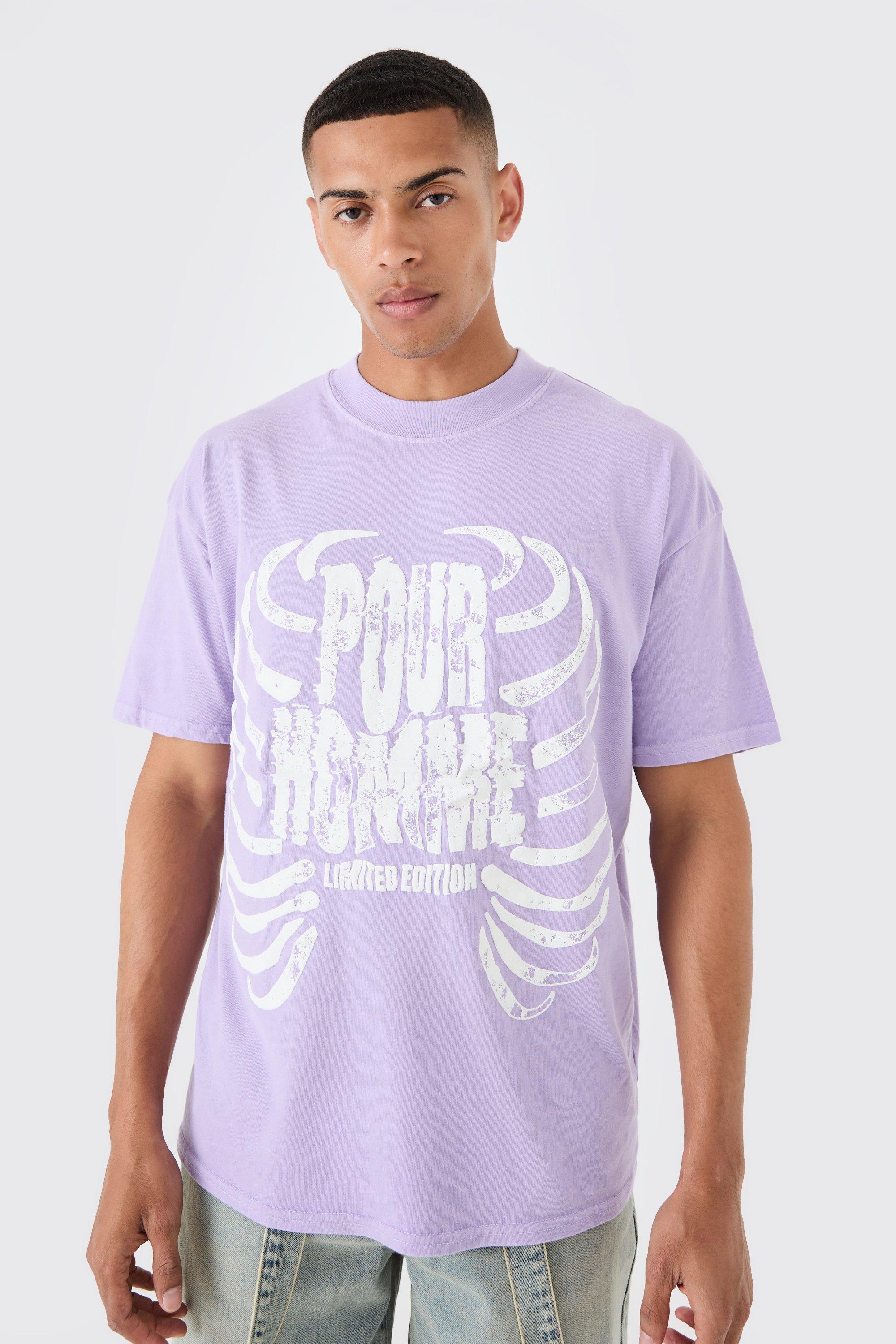 Image of Oversized Washed Ribcage Print T-shirt, Purple