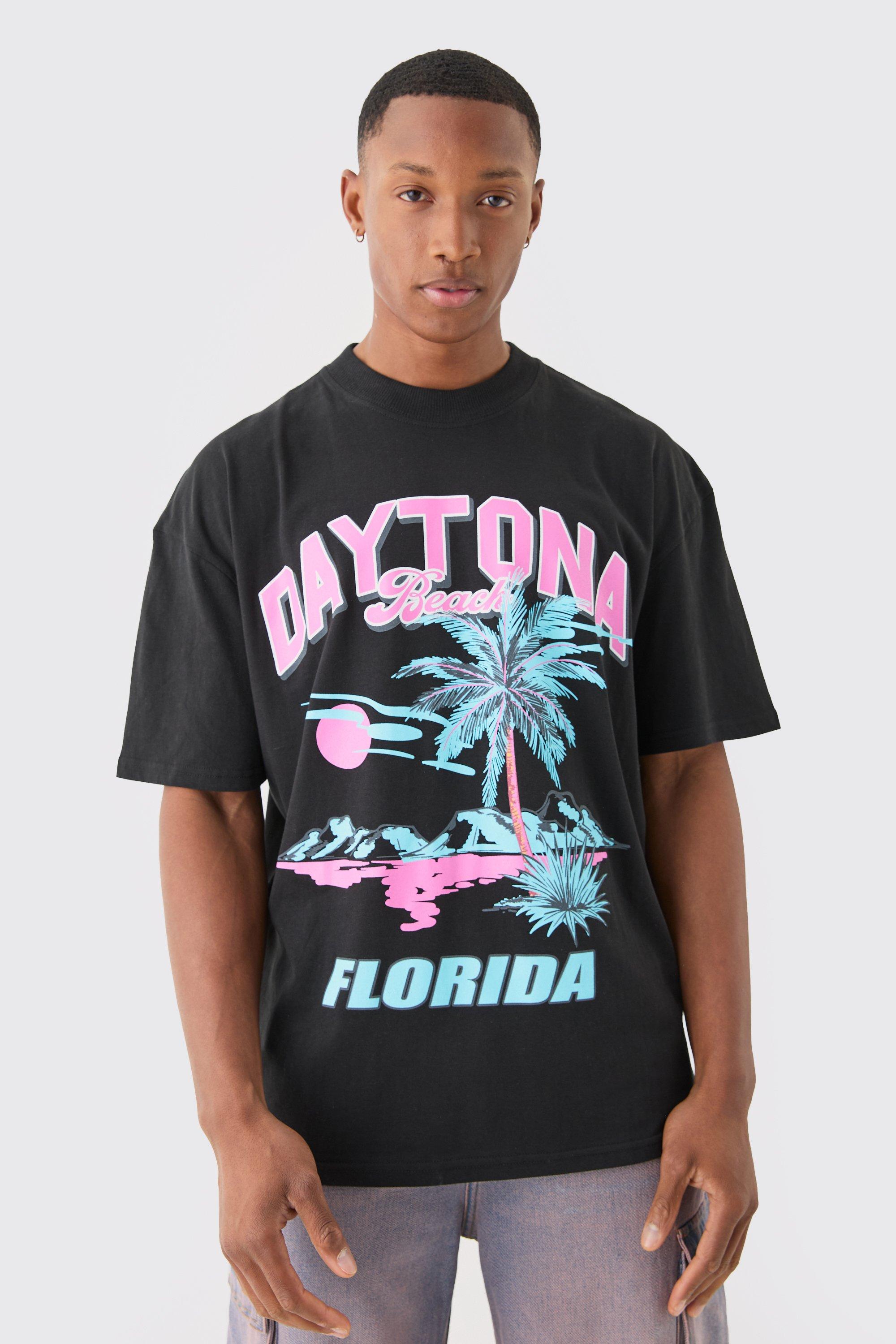 Mens Black Oversized Daytona Florida Print T-shirt, Black