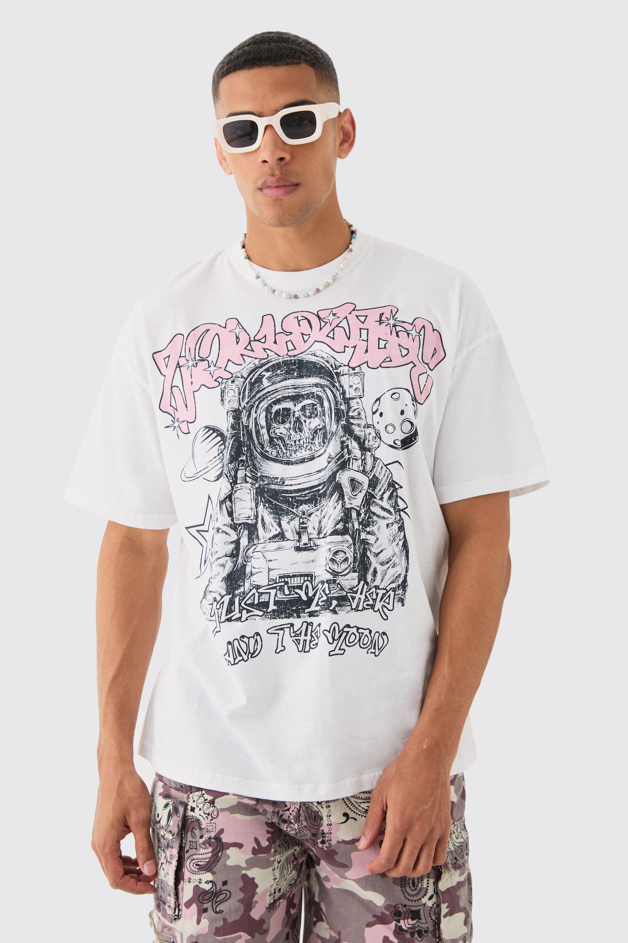 Image of Oversized Skull Astronaut Graphic T-shirt, Bianco
