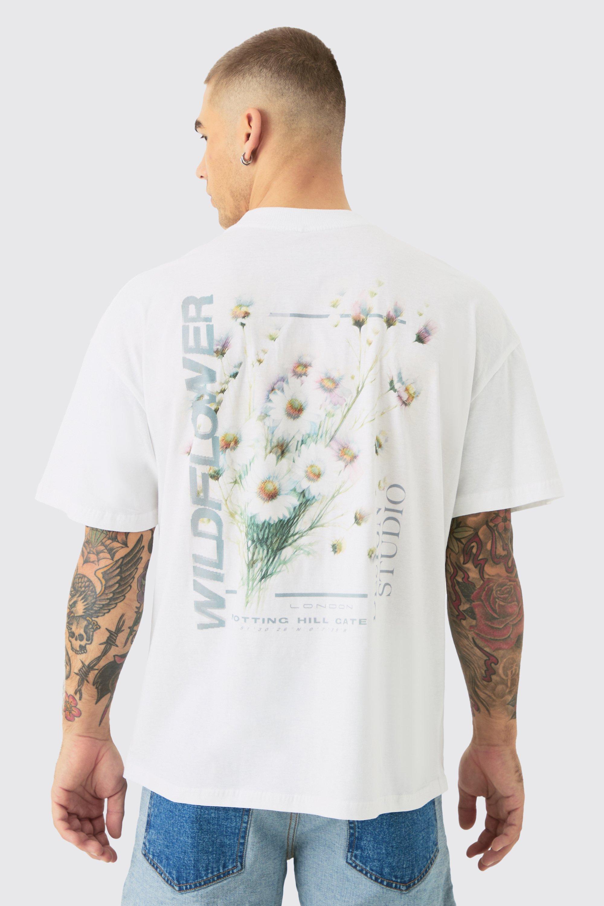 Mens White Oversized Wildflower Back Print T-shirt, White