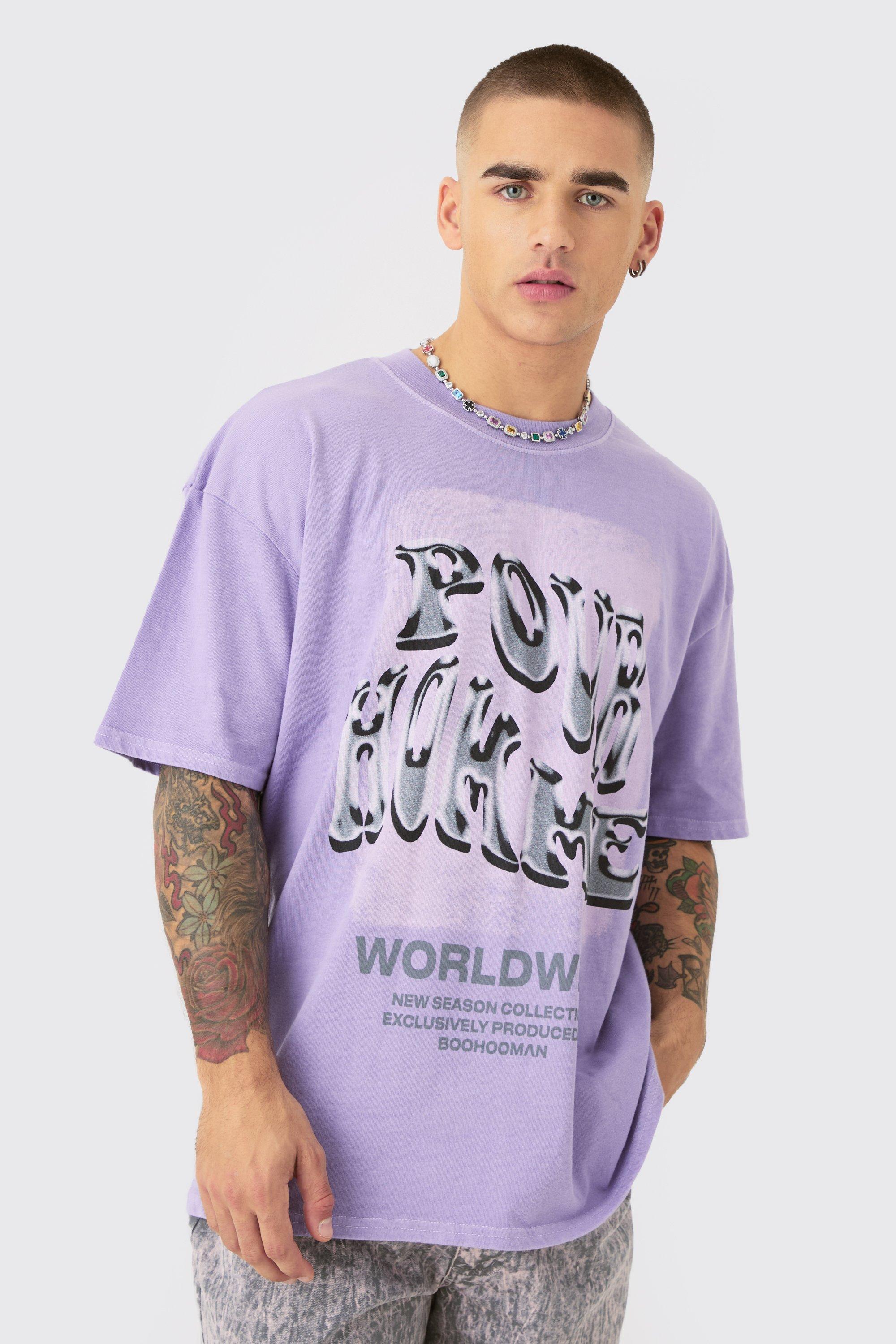 Image of Oversized Washed Homme Text Print T-shirt, Purple