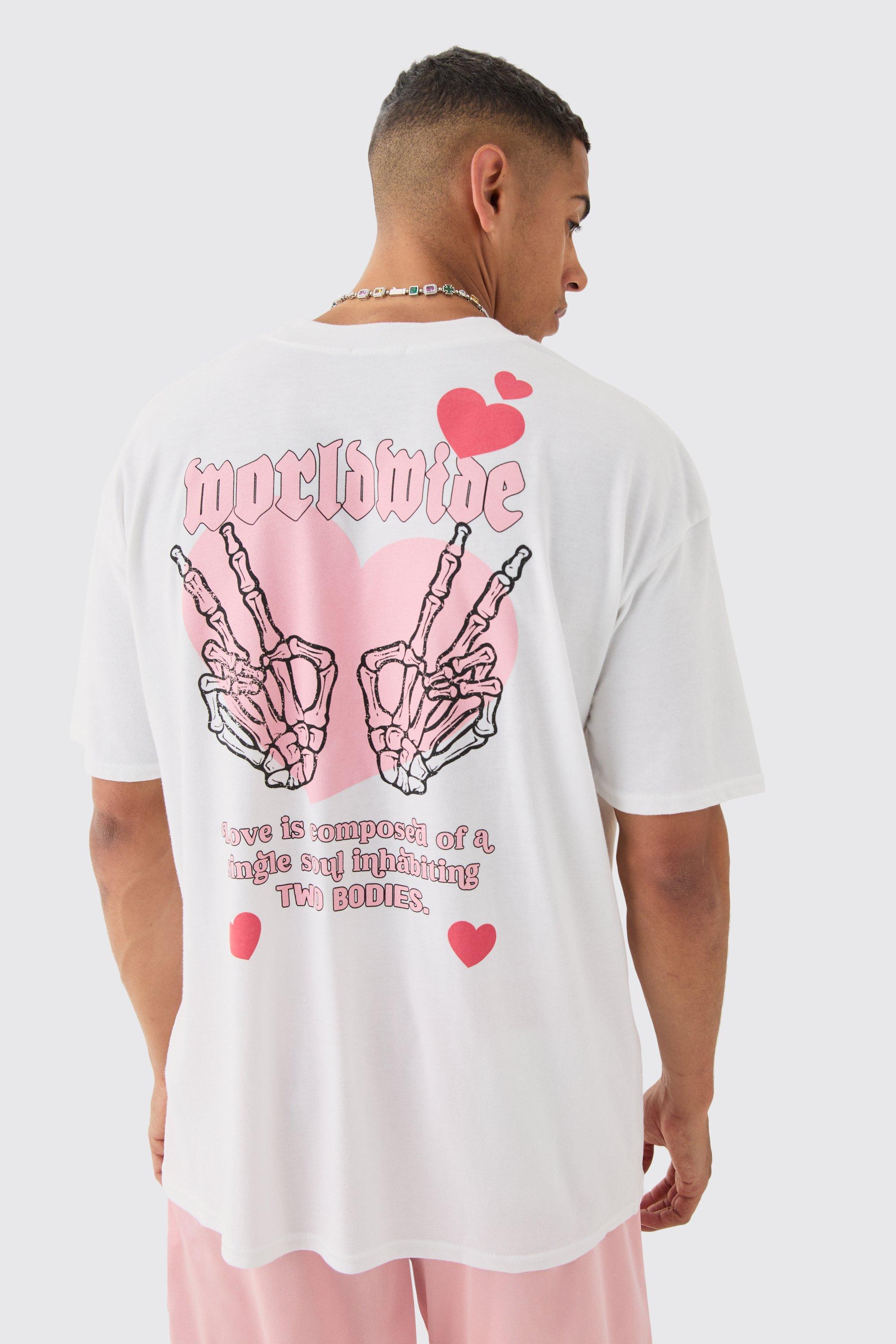 Image of Oversized Heart Skeleton Print T-shirt, Bianco