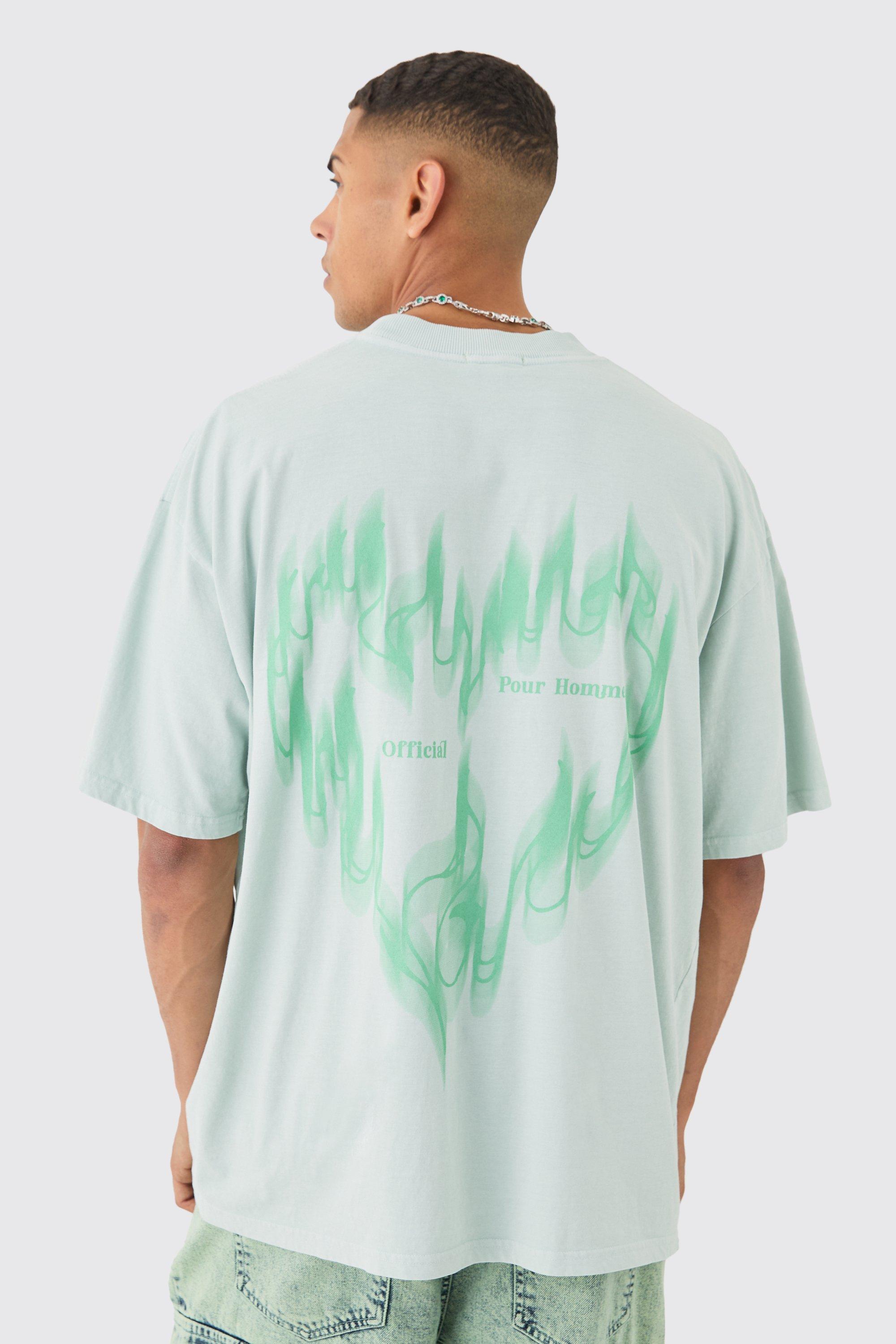 Image of Oversized Extended Neck Wash Flame Heart T-shirt, Verde