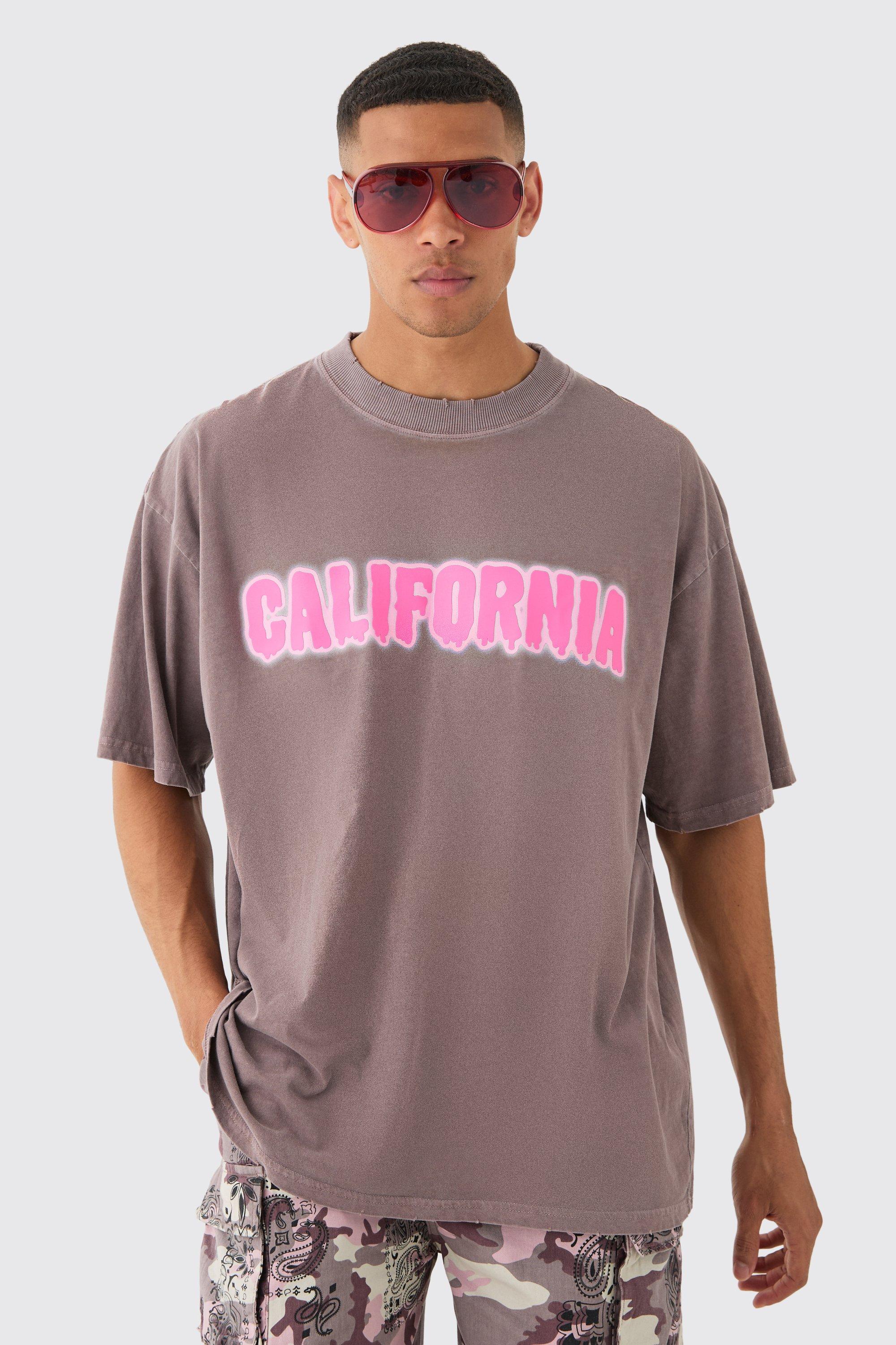 Image of Oversized Extended Neck Acid Wash Distressed California T-shirt, Brown