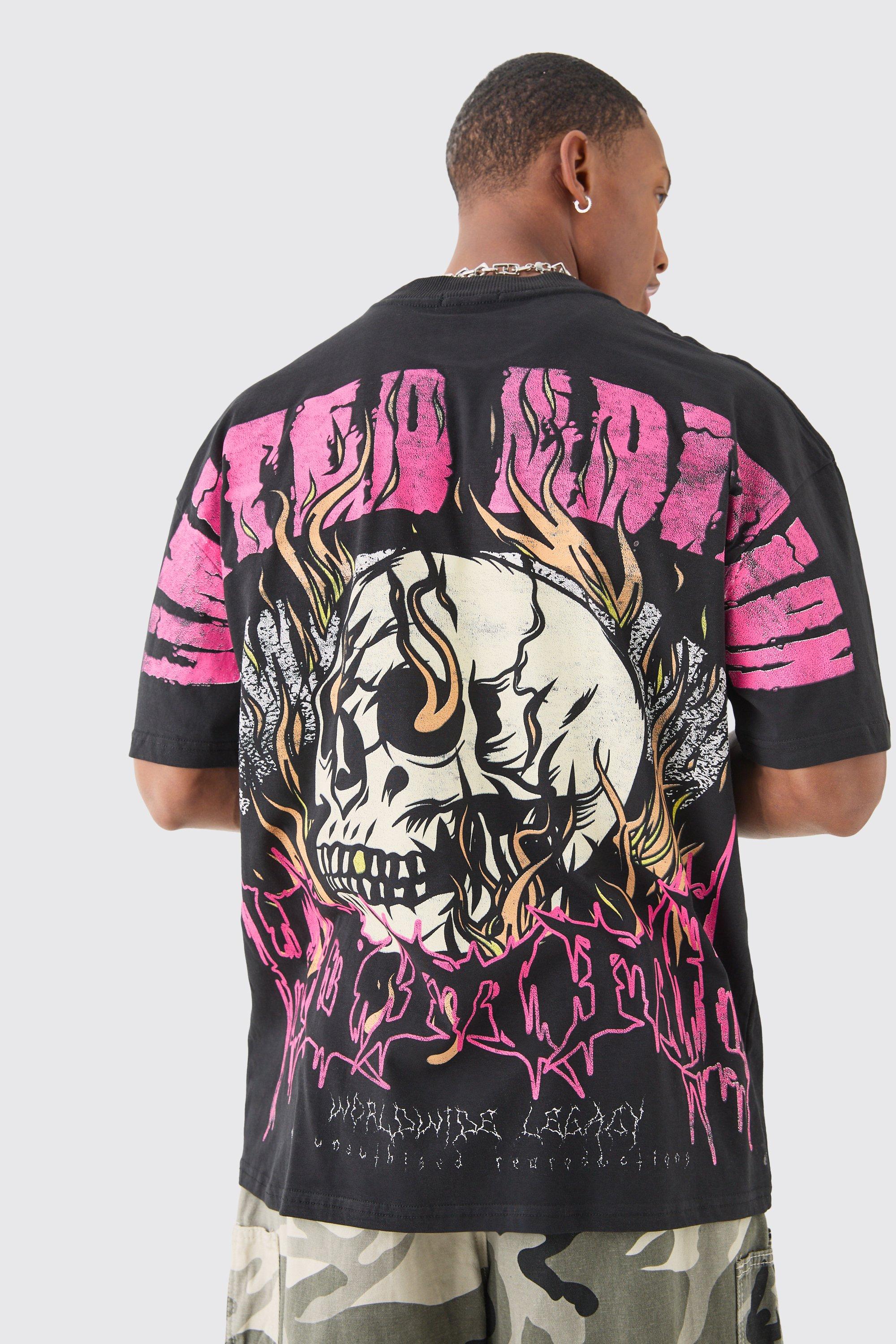 Mens Black Oversized Extended Neck Over The Seam Gothic Back Print T-shirt, Black