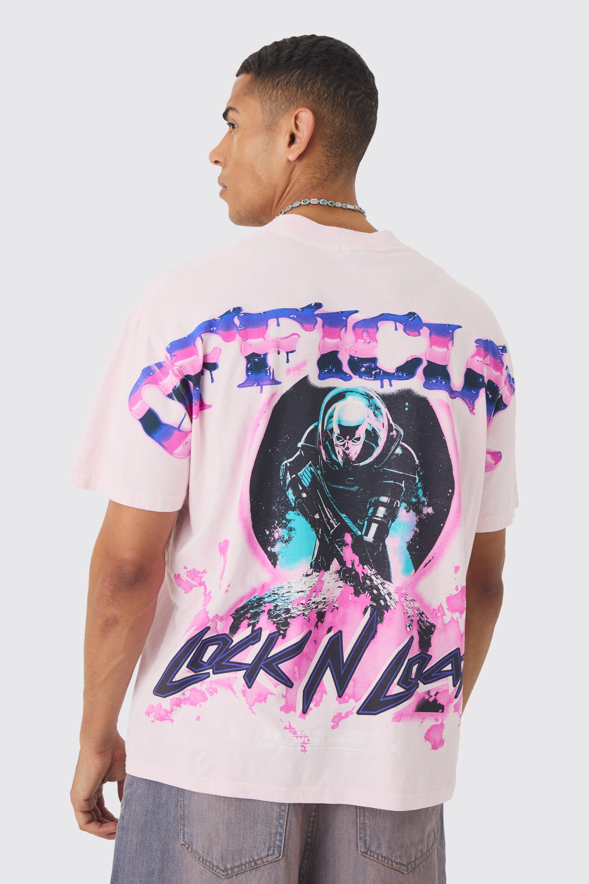 Mens Pink Oversized Extended Neck Over The Seam Wash Space Back Print T-shirt, Pink