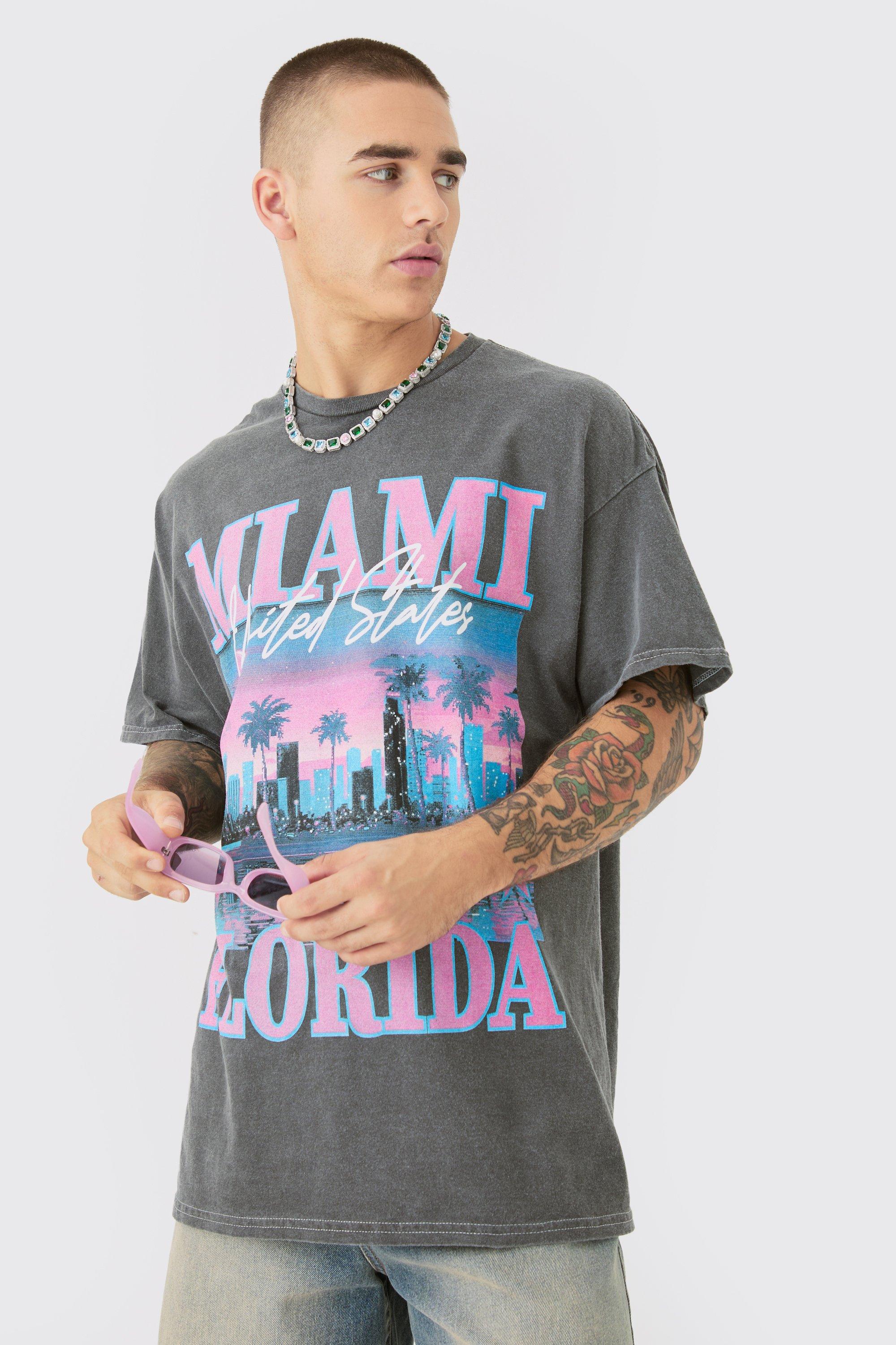 Image of Oversized Miami Florida Printed Wash T-shirt, Grigio