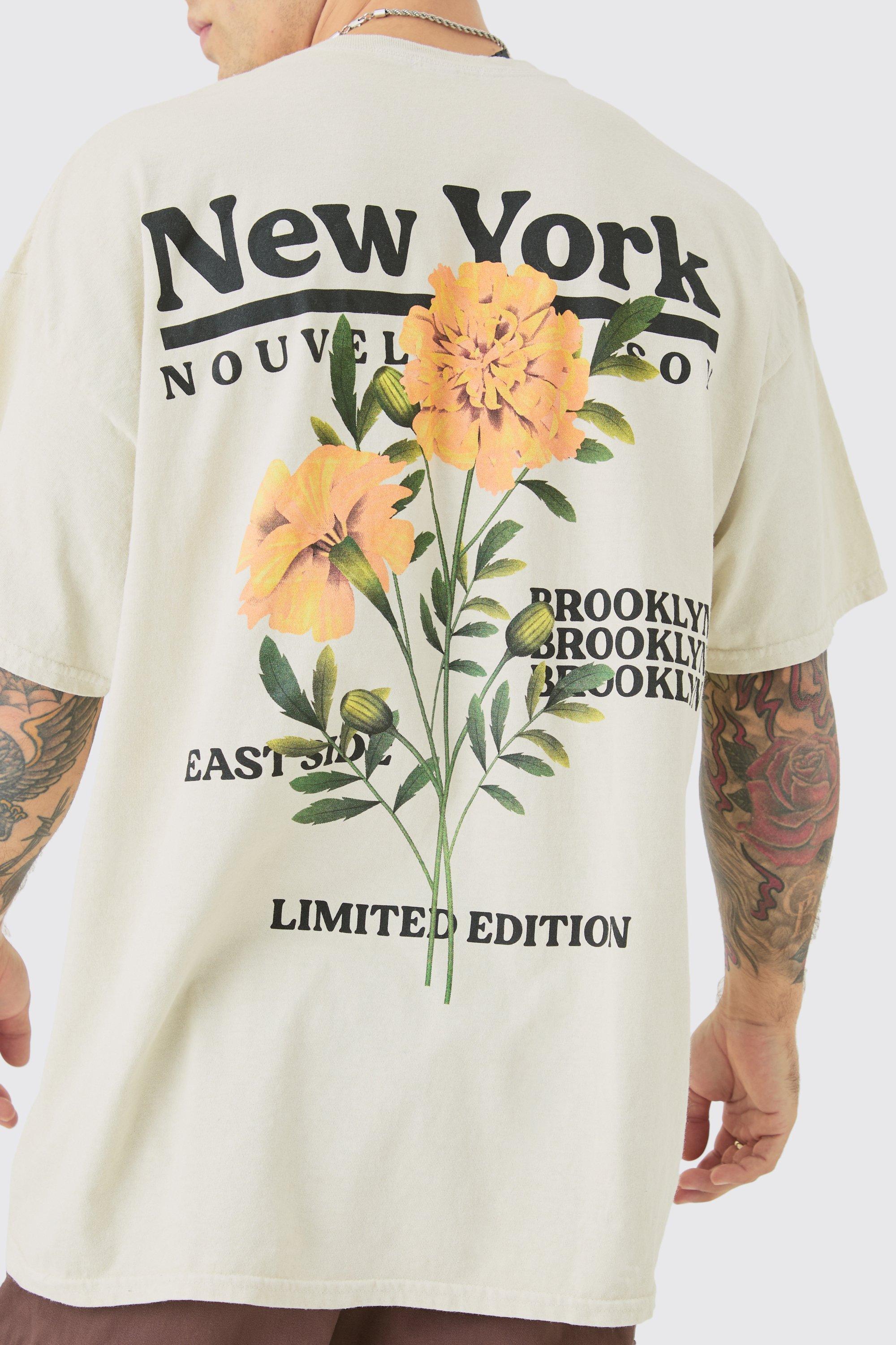 Image of Oversized Wash Floral New York Print T-shirt, Cream