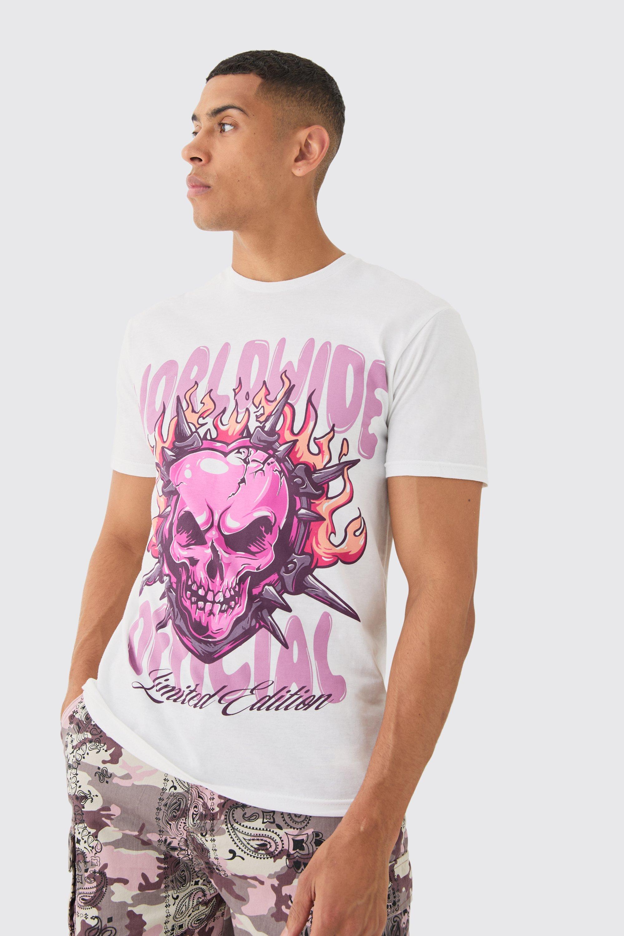 Image of Oversized Skull Flame Graphic T-shirt, Bianco