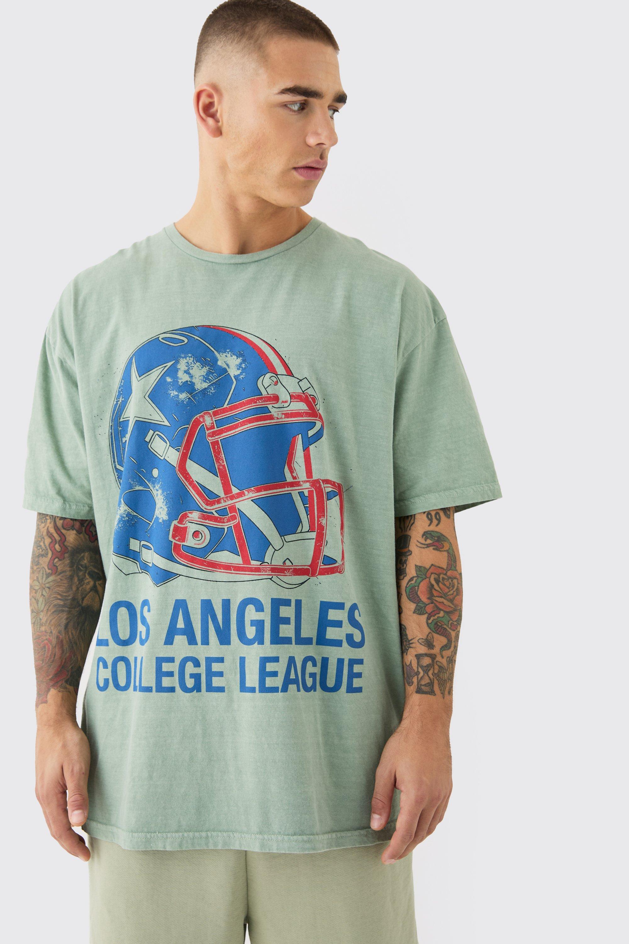 Mens Green Oversized Los Angeles Varsity Wash T-shirt, Green