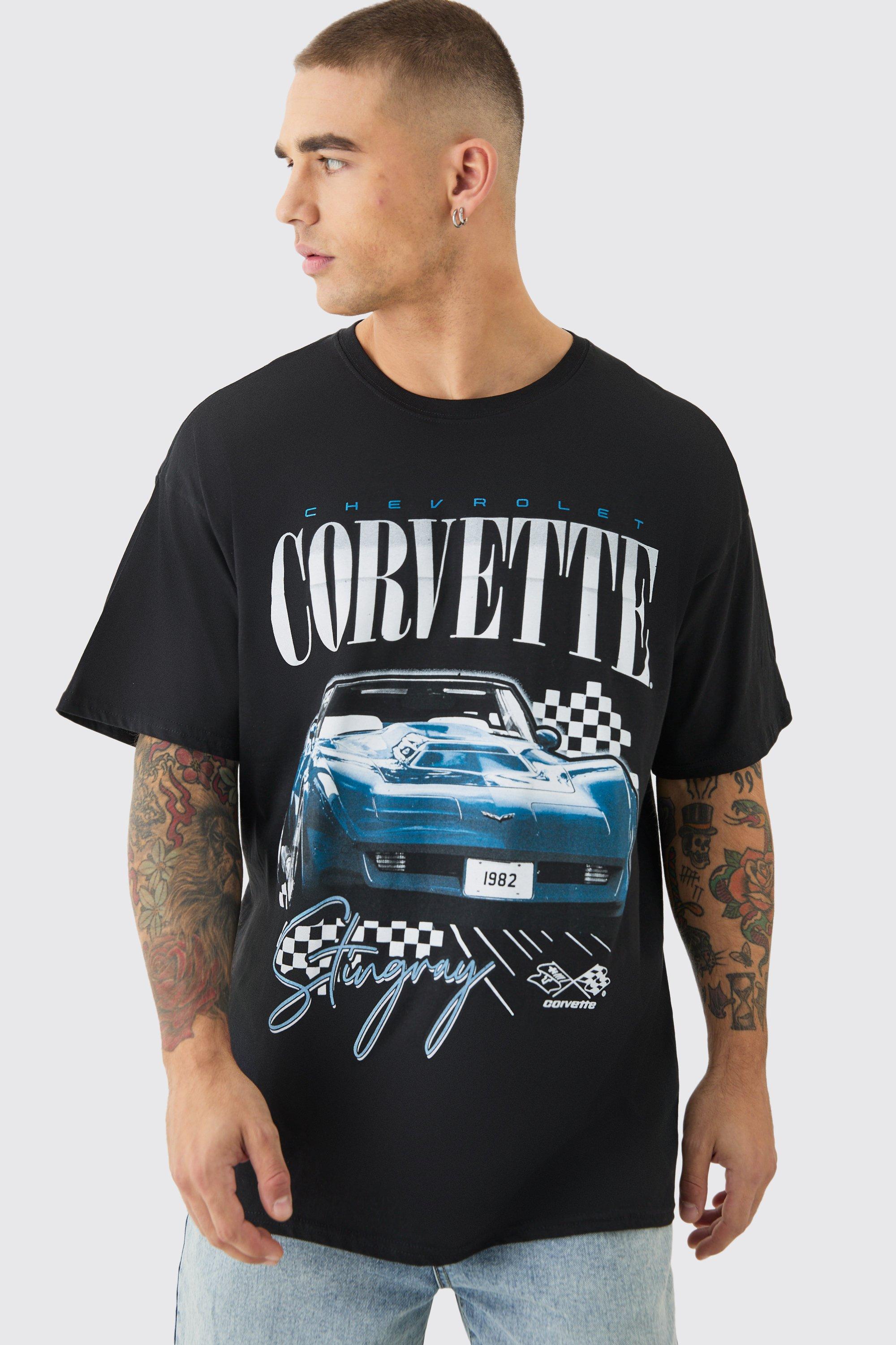 Mens Black Oversized Corvette License T-shirt, Black