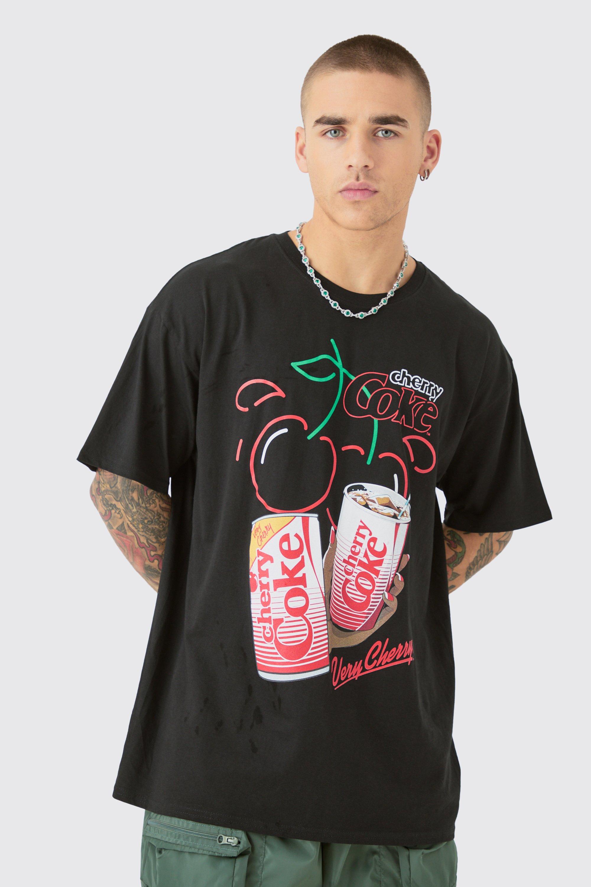 Mens Black Oversized Cherry Coke License T-shirt, Black