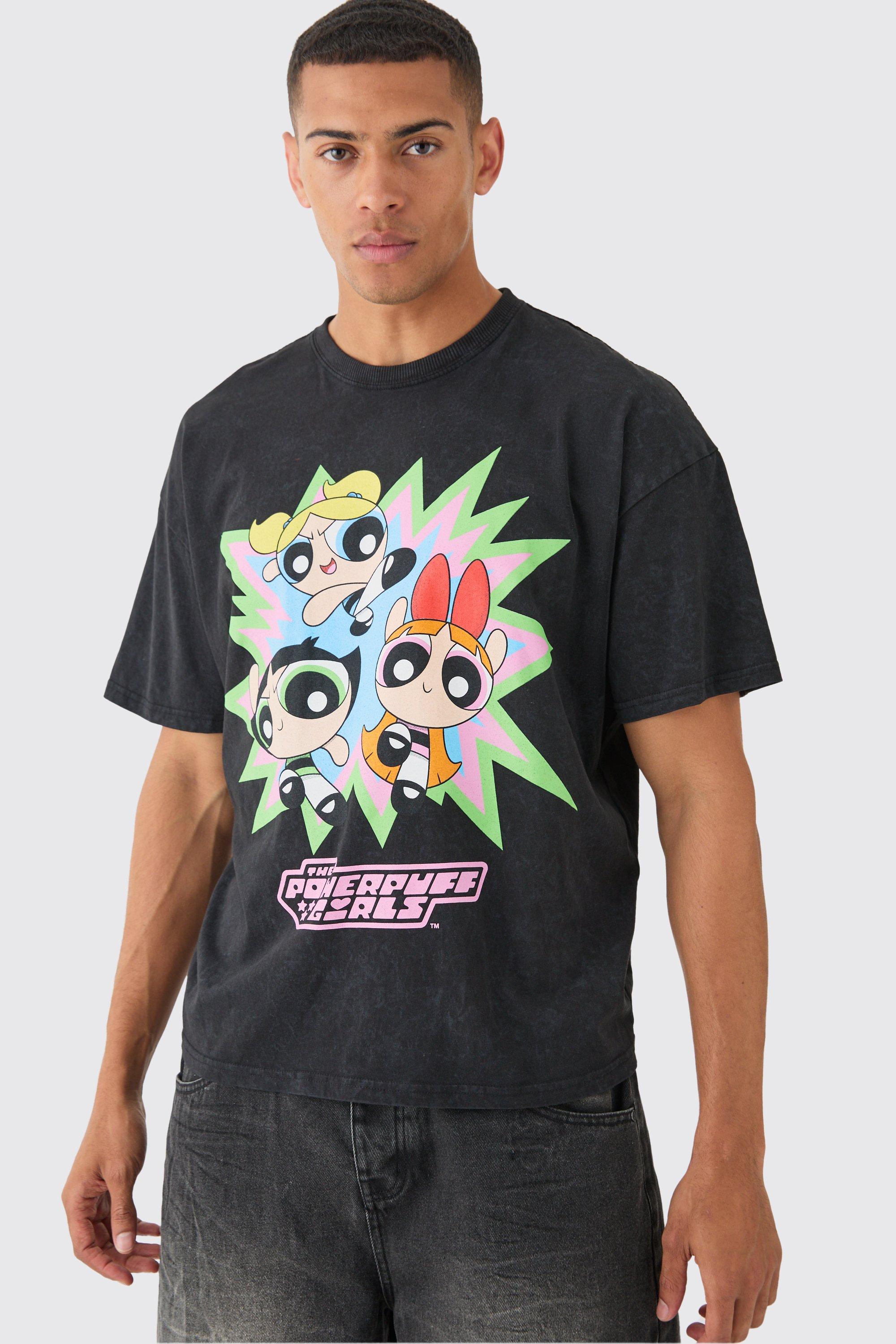 Mens Black Oversized Boxy Powerpuff Girls Wash License T-shirt, Black