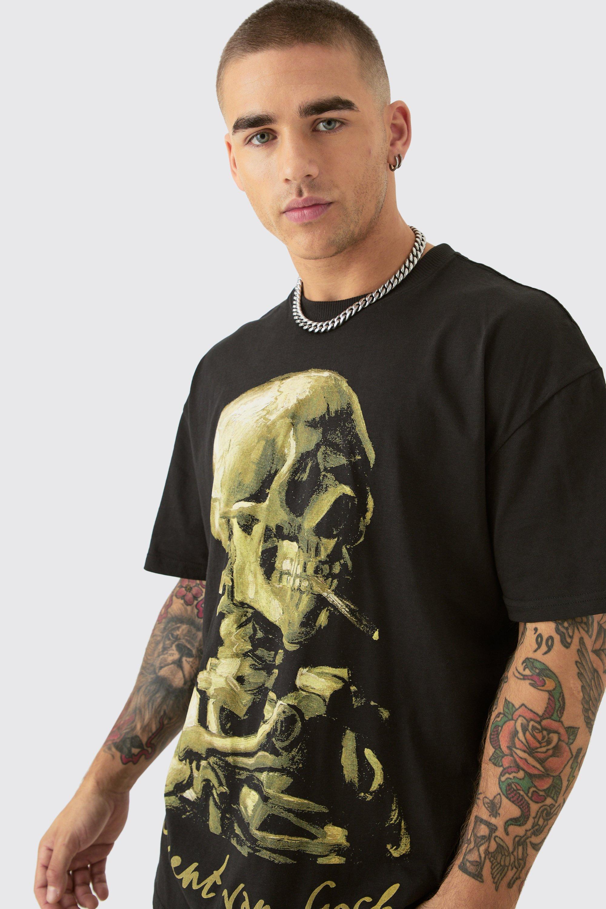 Mens Black Oversized Van Gogh Skull License T-shirt, Black