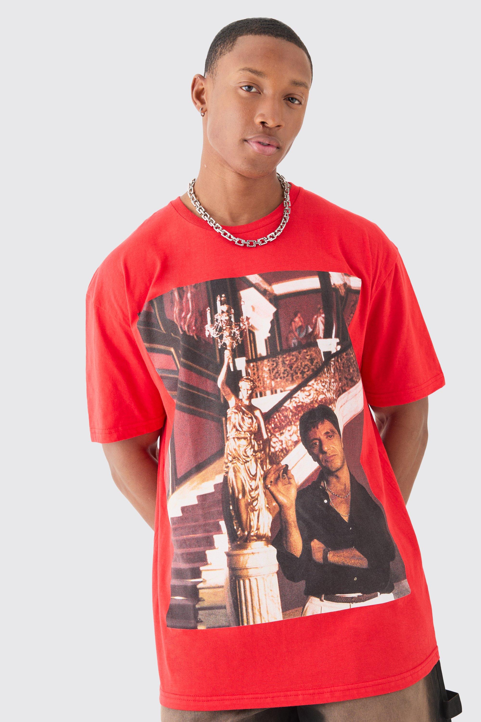 Mens Red Oversized Scarface Wash License T-shirt, Red