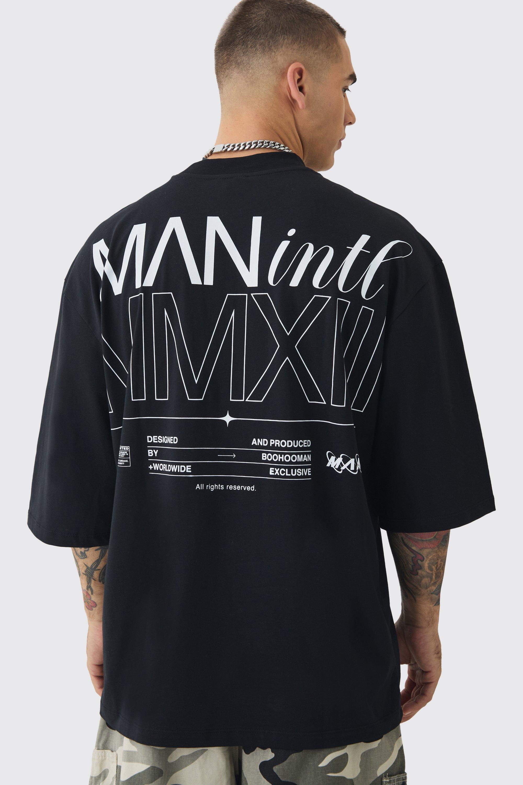 Mens Black Oversized Extended Neck Graphic T-shirt, Black