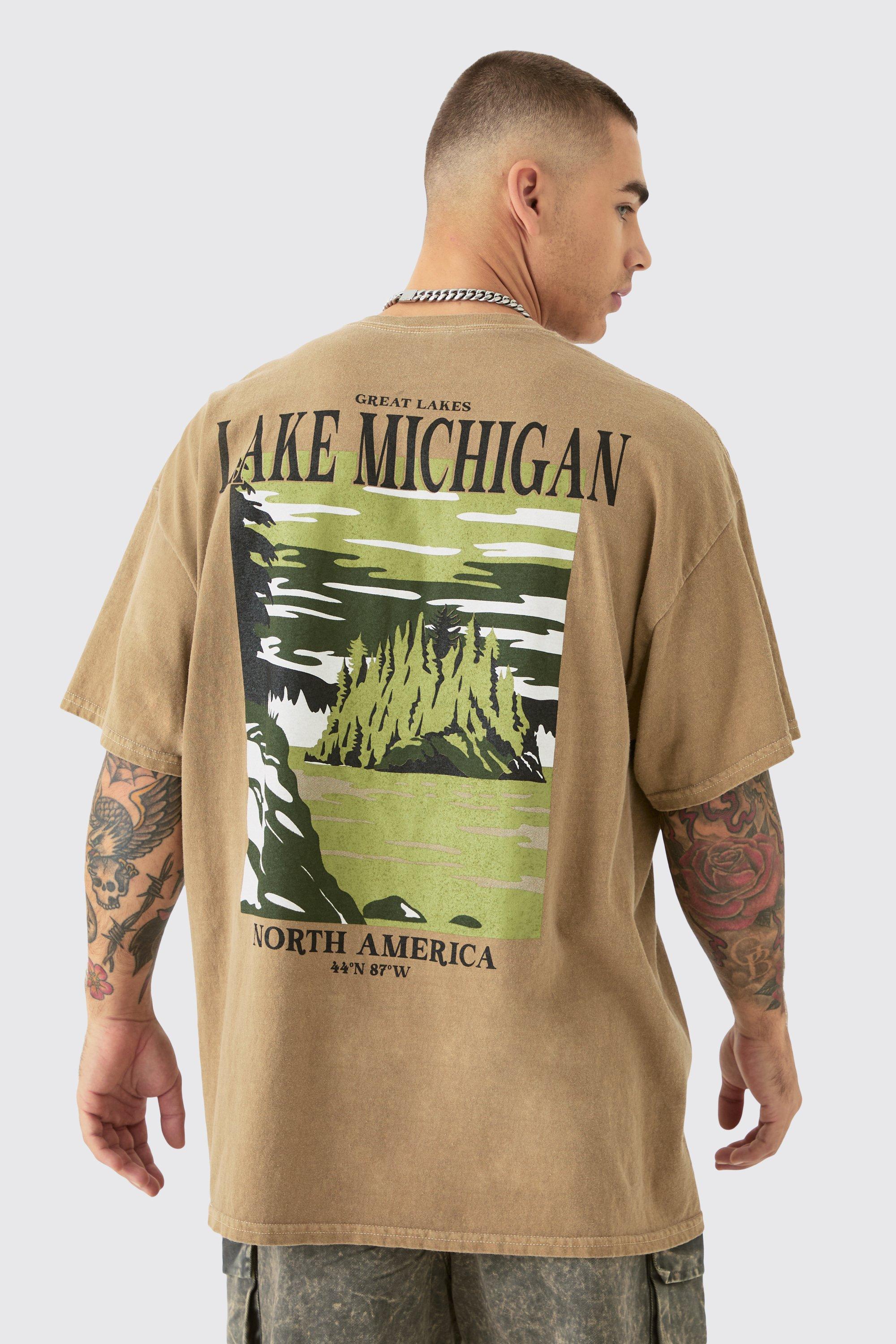 Image of Oversized Washed Lake Michigan Printed T-shirt, Verde