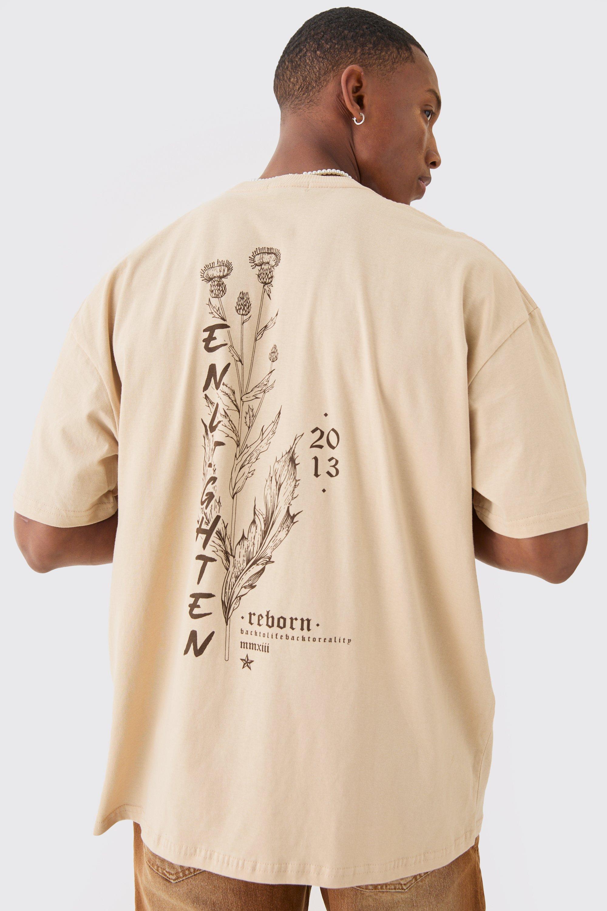 Mens Beige Oversized Boxy Extended Neck Enlighten Printed T-shirt, Beige