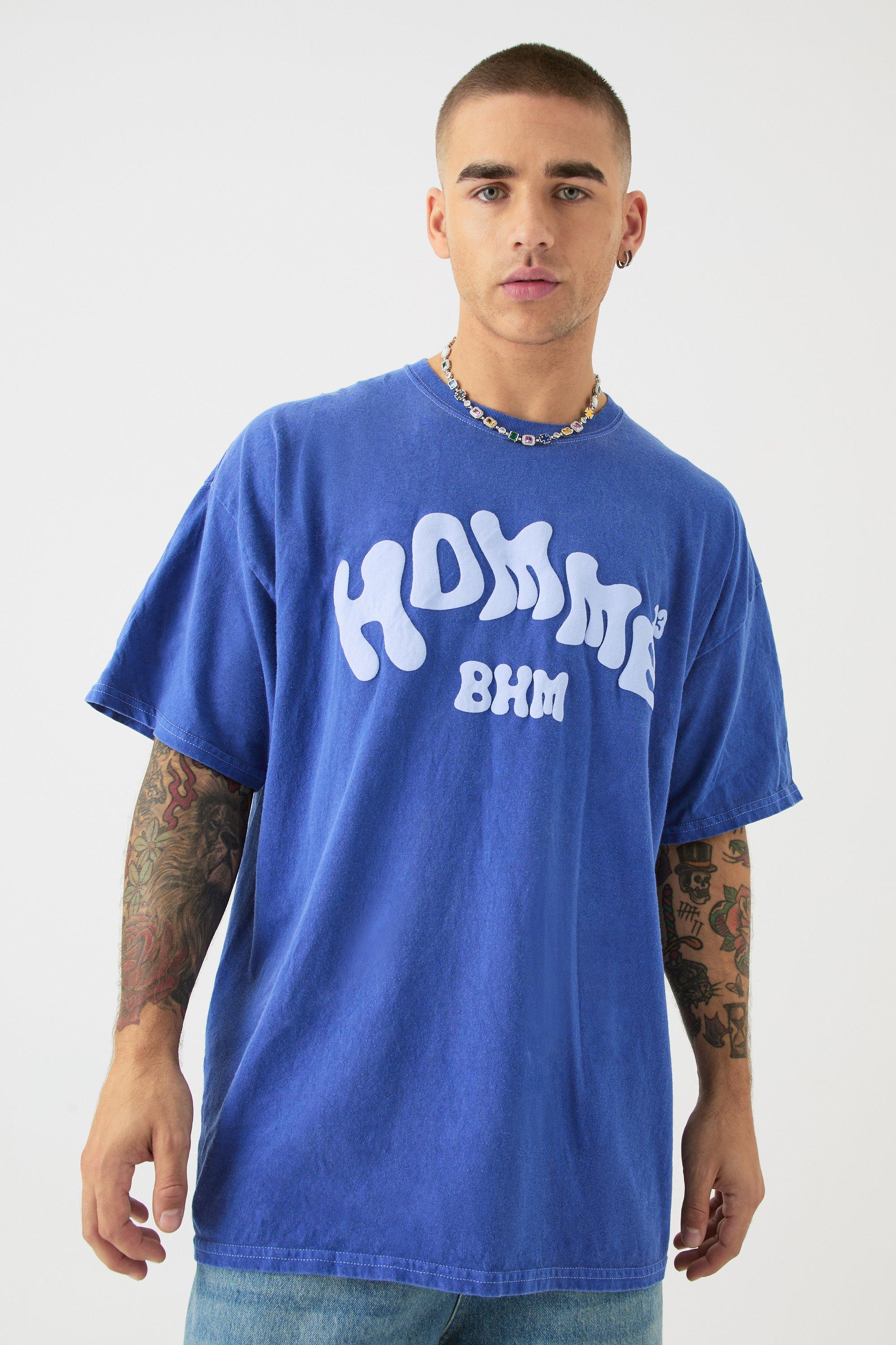 Image of Oversized Washed Homme Printed T-shirt, Azzurro