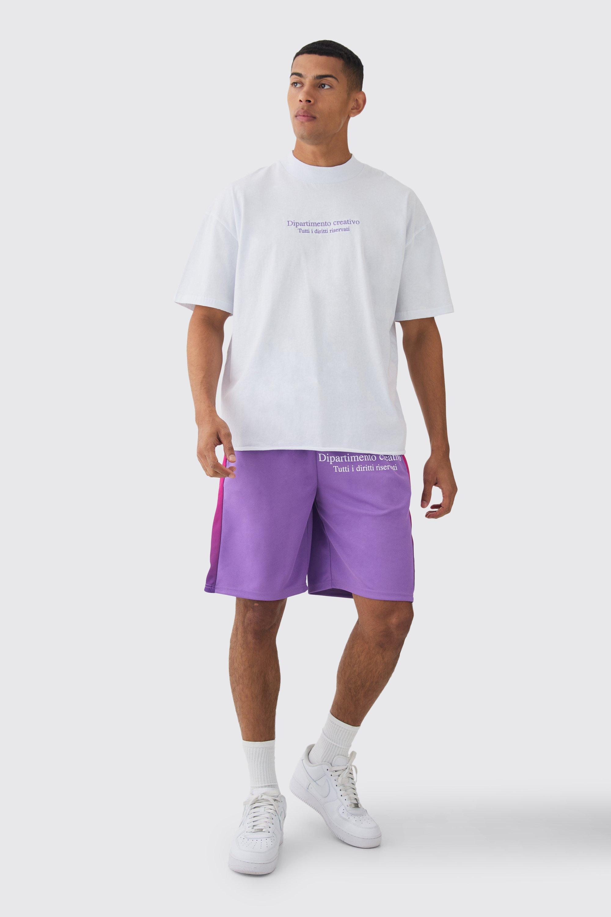 Womens Oversized Extended Neck Raw Hem Script T-Shirt & Mesh Short Set - Purple - L, Purple