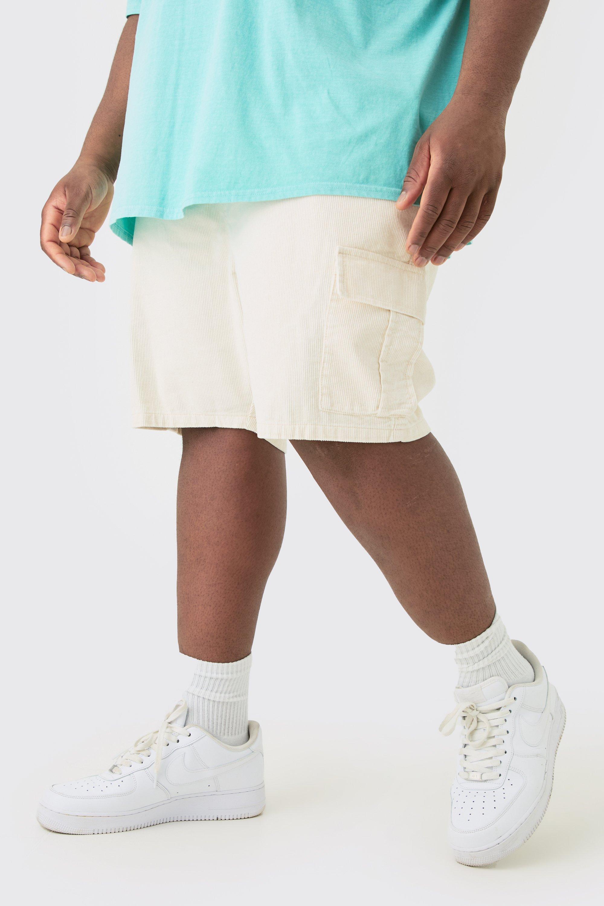 Mens Beige Plus Cord Cargo Shorts In Stone, Beige