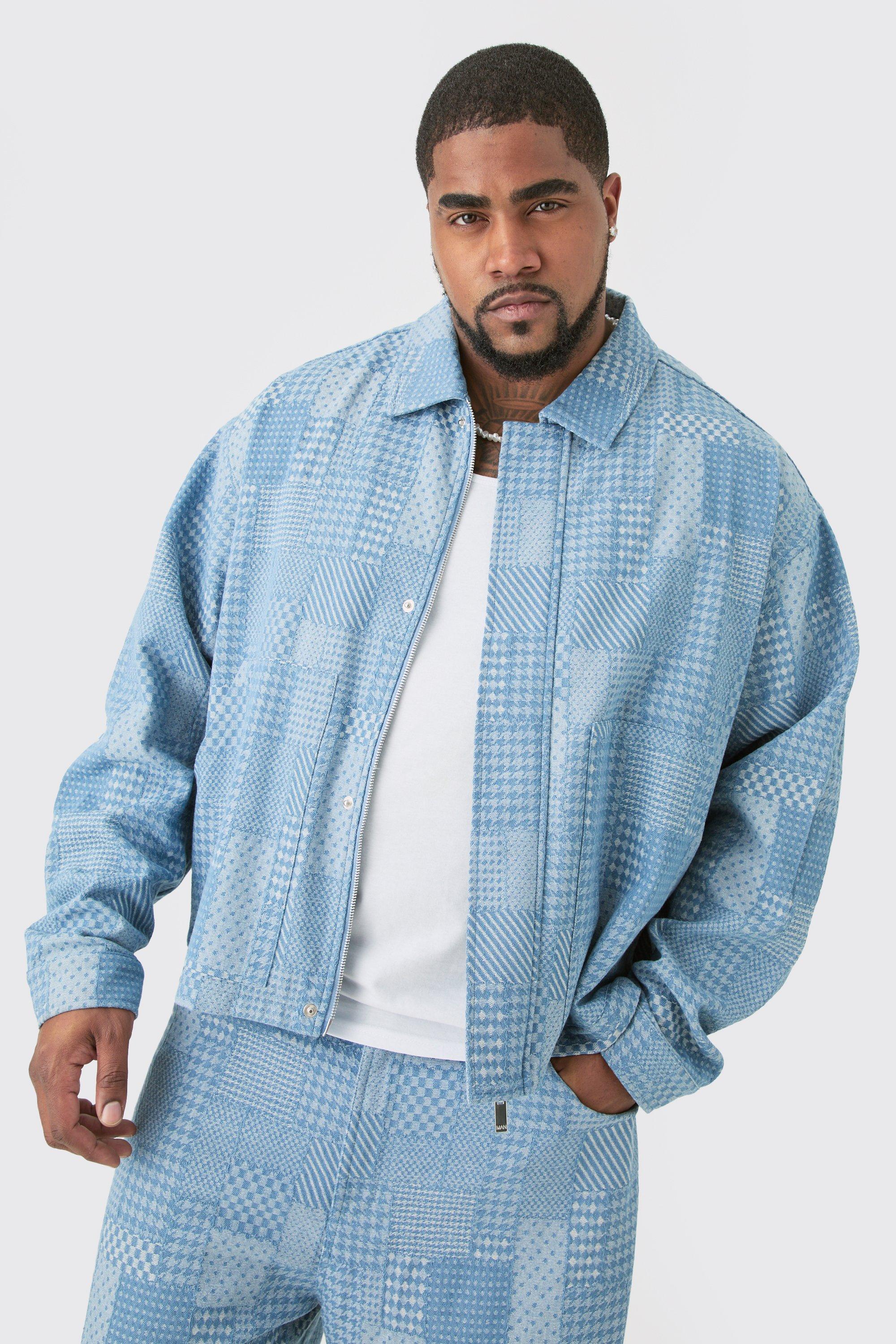 Mens Blue Plus Oversized Fit Fabric Interest Denim Jacket, Blue