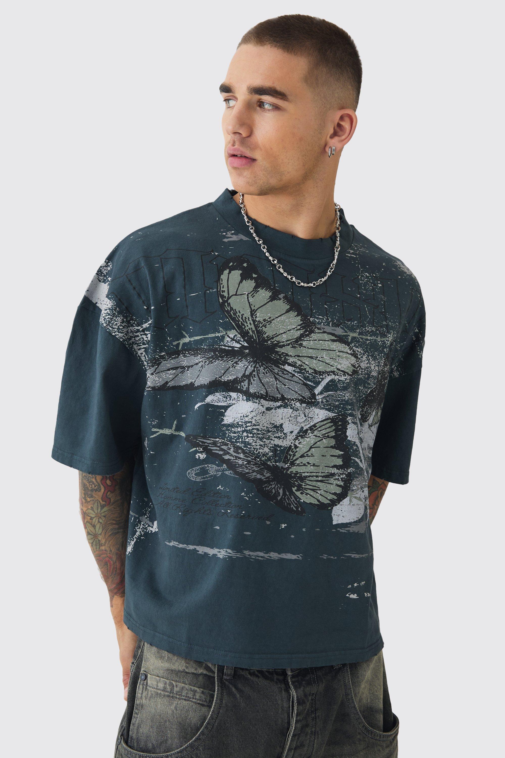 T-shirt squadrata oversize slavata con stampa di farfalle e fondo grezzo, Grigio