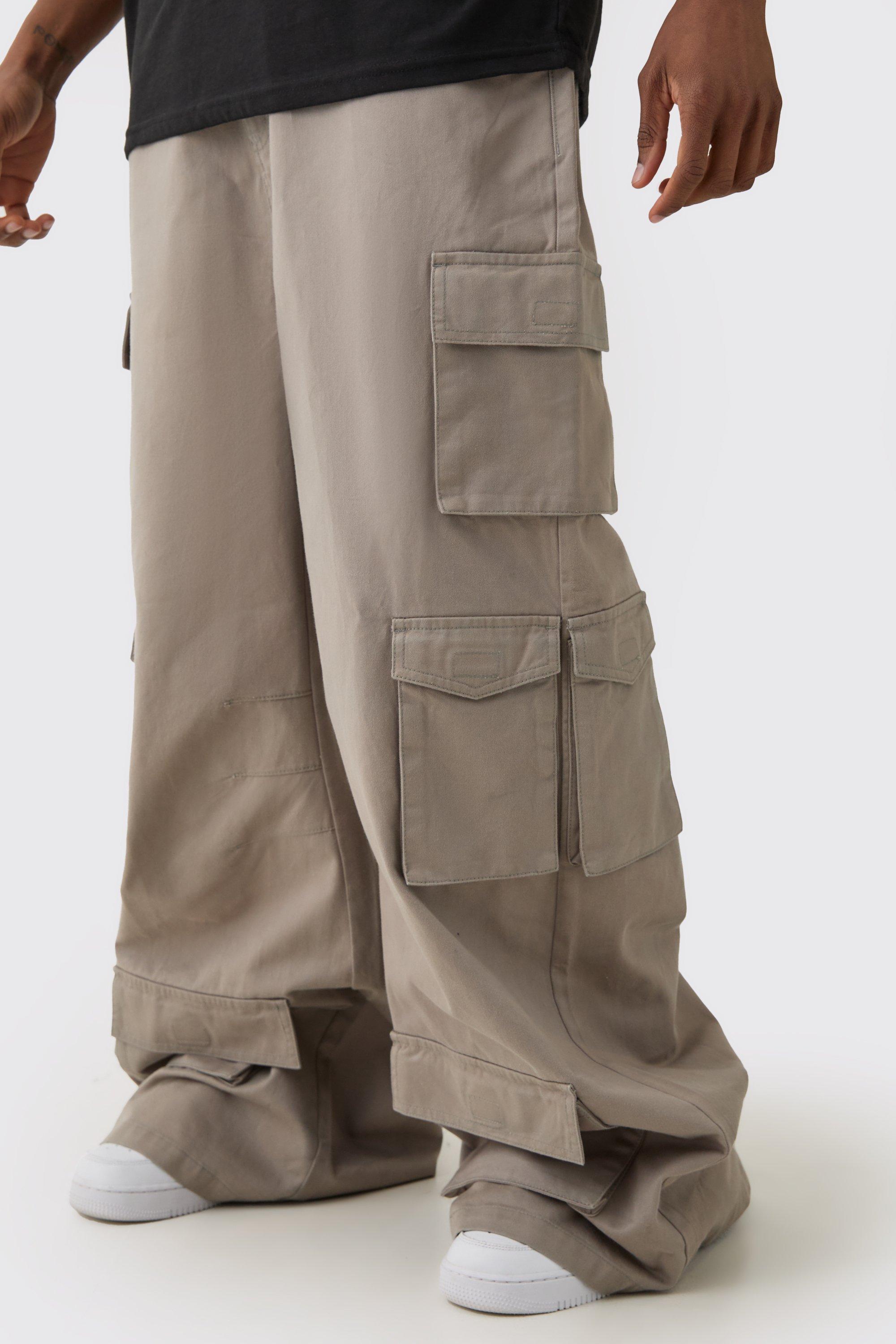 Mens Grey Tall Extreme Baggy Rigid Multi Cargo Pocket Trousers, Grey