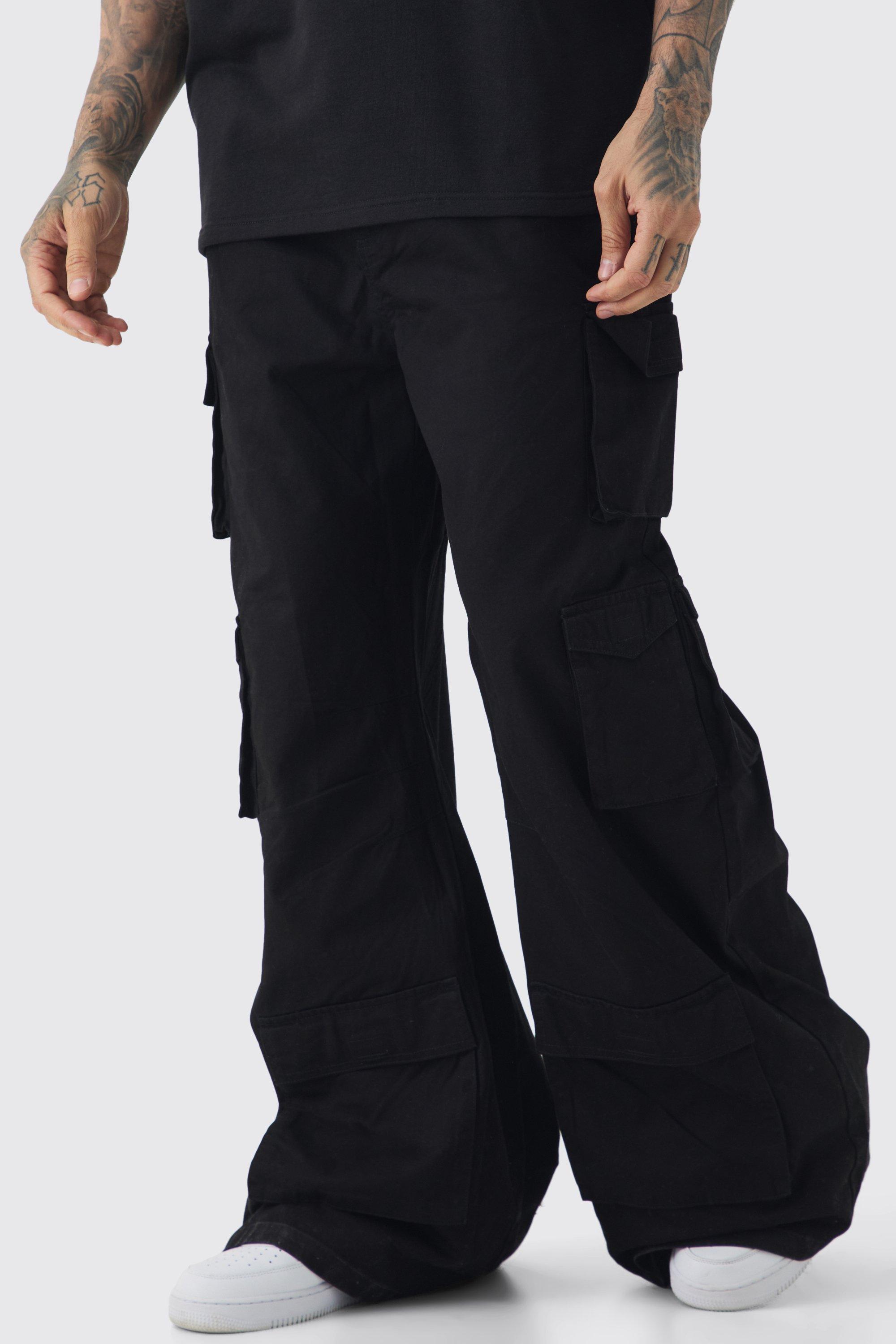 Mens Black Tall Extreme Baggy Rigid Multi Cargo Pocket Trousers, Black