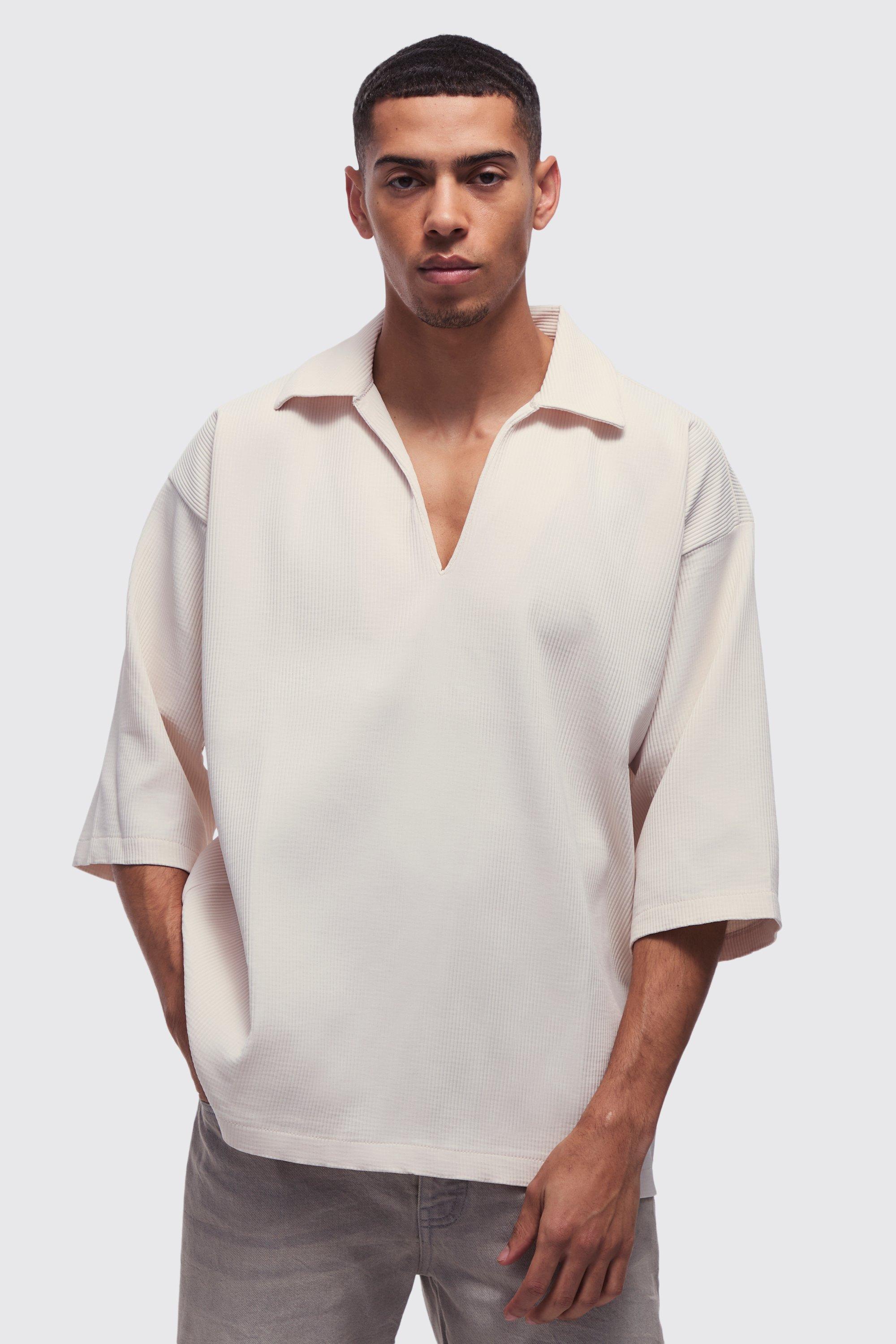 Mens Cream Pleated Oversized V Neck Shirt, Cream